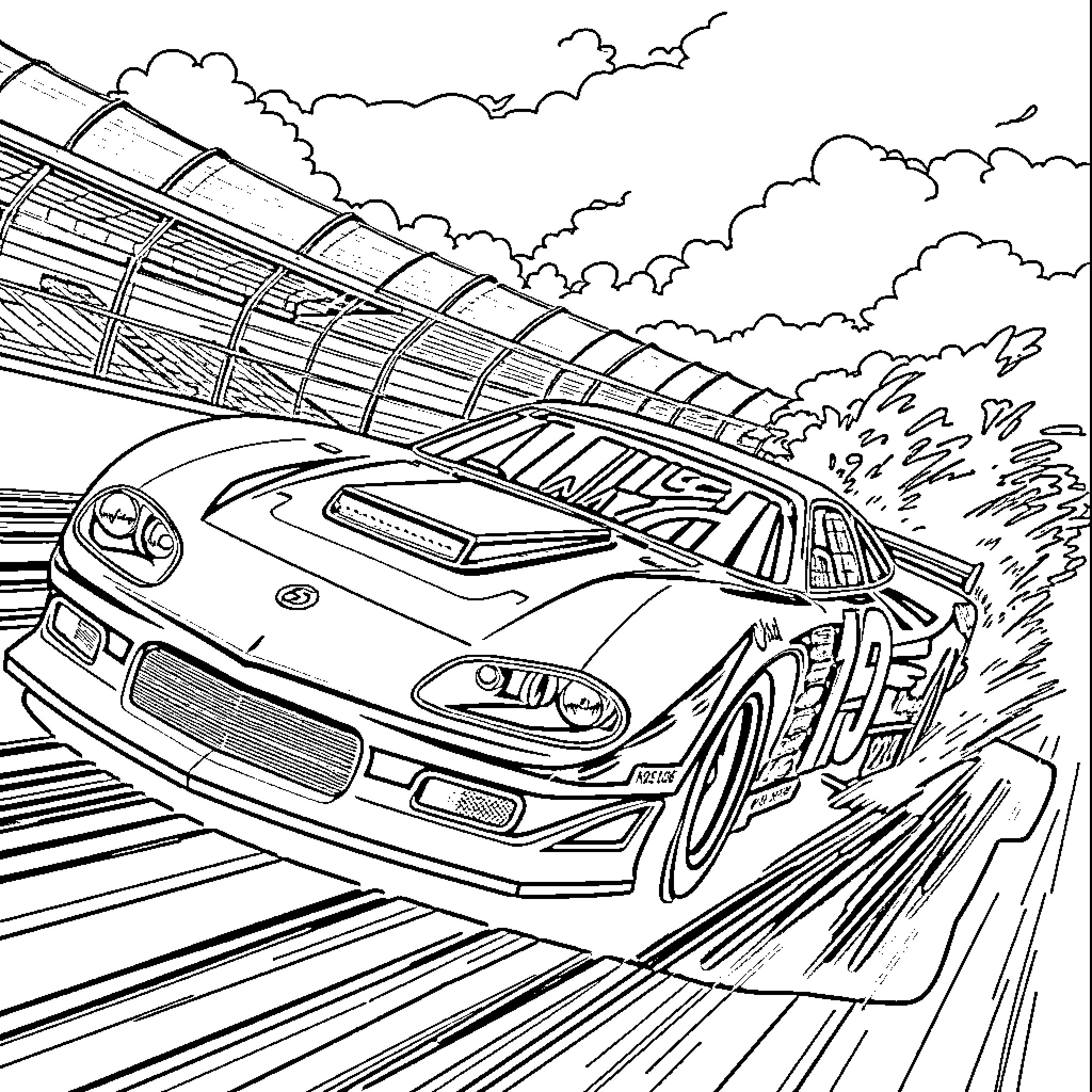 Racecar speeding through clouds on racing track Coloring Page (free black-and-white line drawing printable PDF for all, from beginners to advanced learners, including children, teens, adults, and seniors)