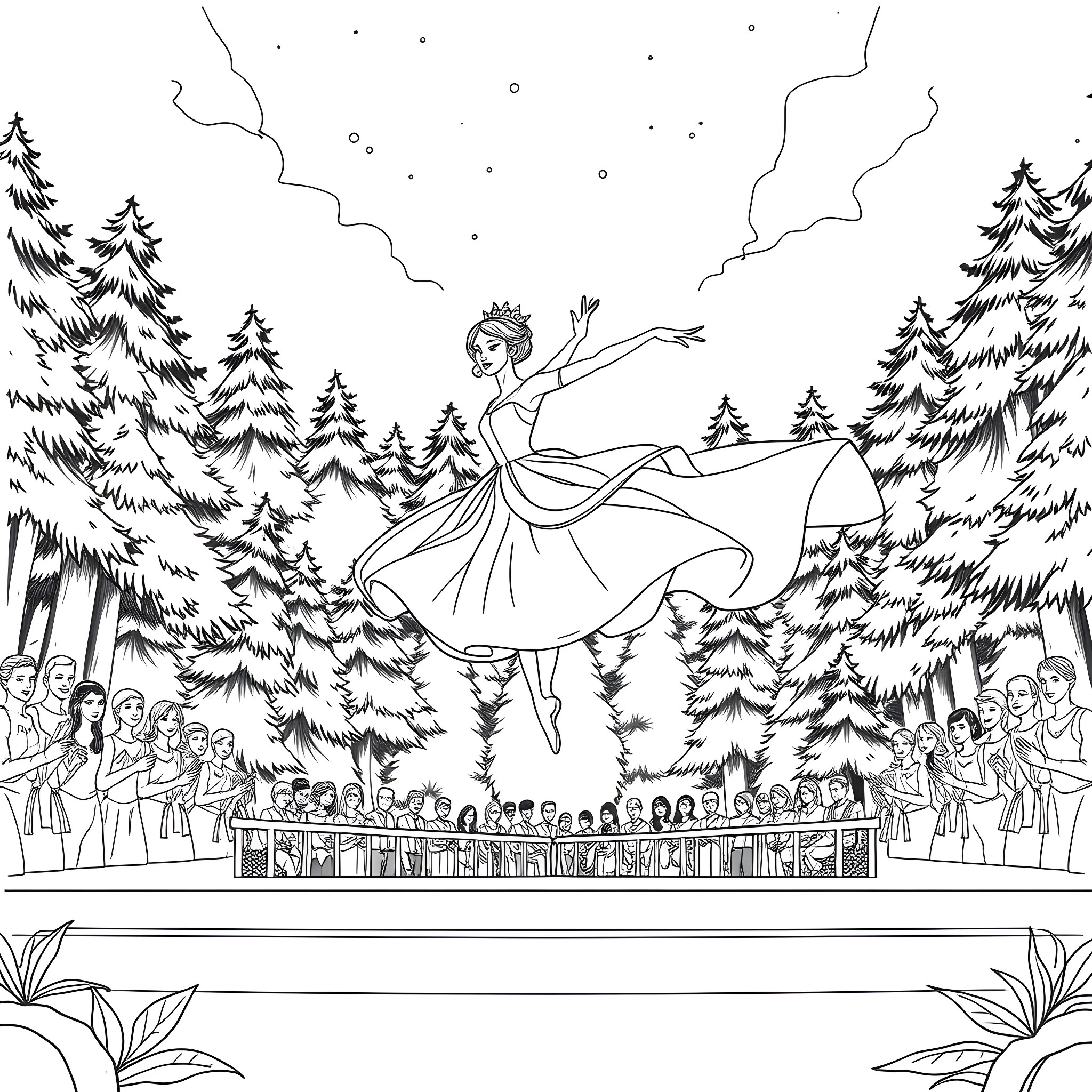 Princess performing gracefully in a winter wonderland Coloring Page (free black-and-white line drawing printable PDF for all, from beginners to advanced learners, including children, teens, adults, and seniors)