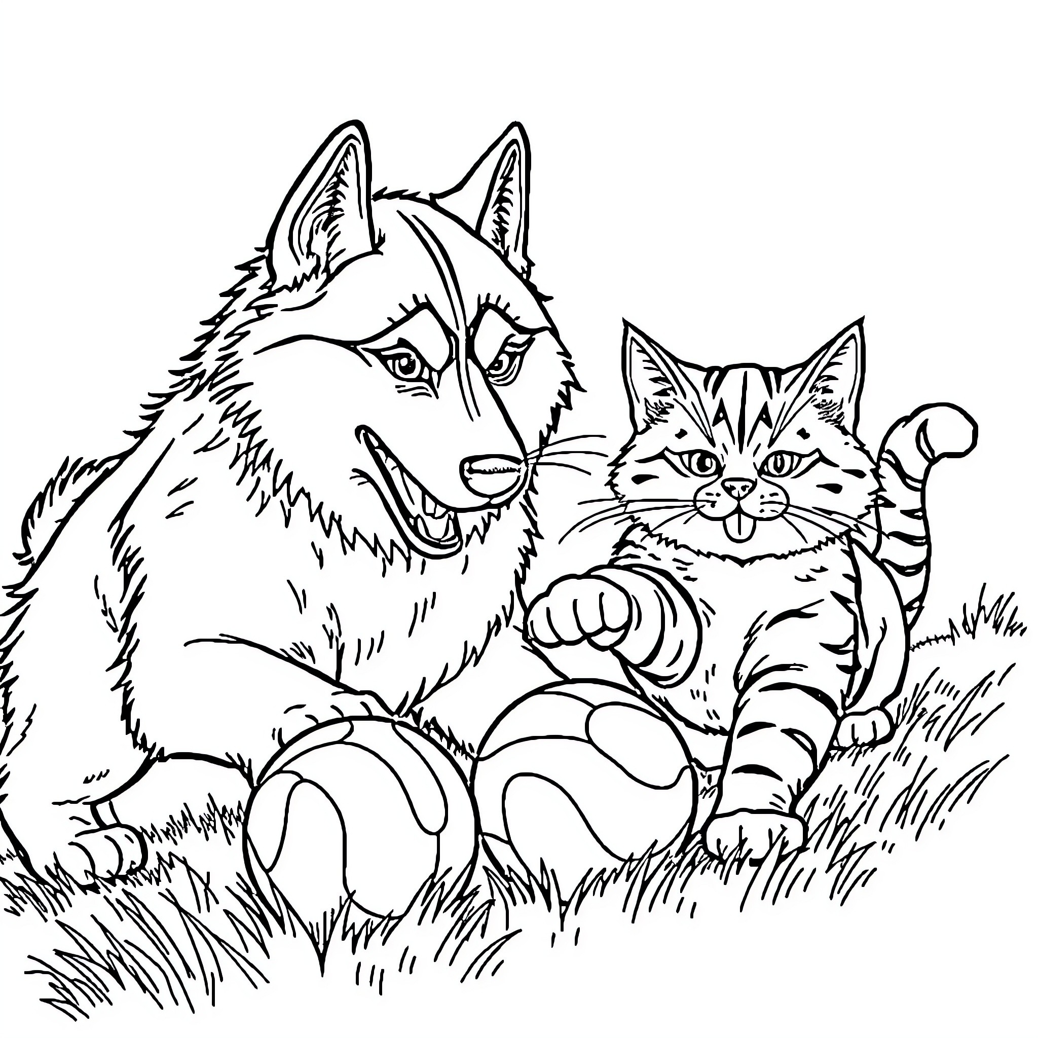 Husky and Tabby Cat Relaxing in the Grass Coloring Page (free black-and-white line drawing printable PDF for all, from beginners to advanced learners, including children, teens, adults, and seniors)