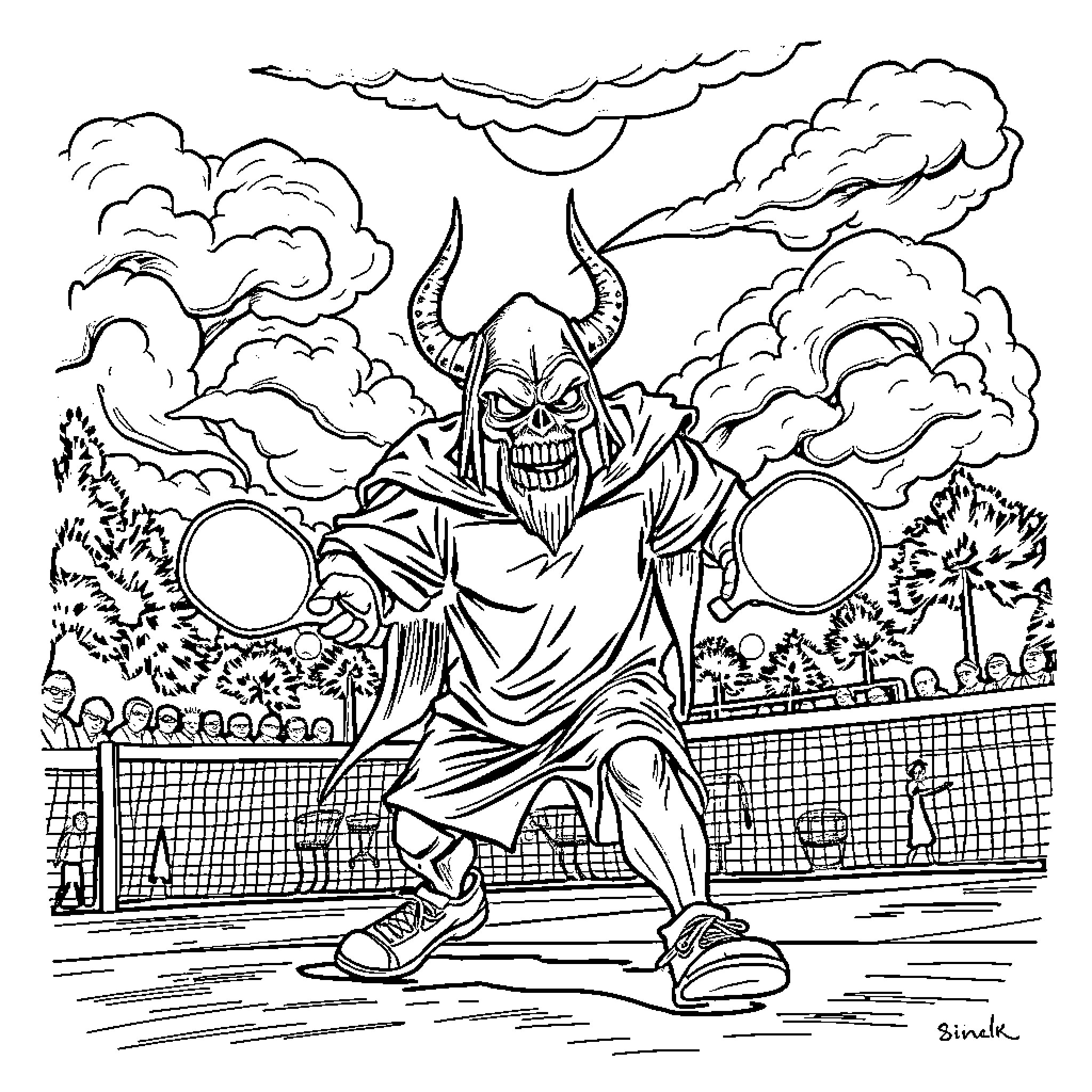 Pickleball Player Facing Ominous Foe on the Court Coloring Page (free black-and-white line drawing printable PDF for all, from beginners to advanced learners, including children, teens, adults, and seniors)