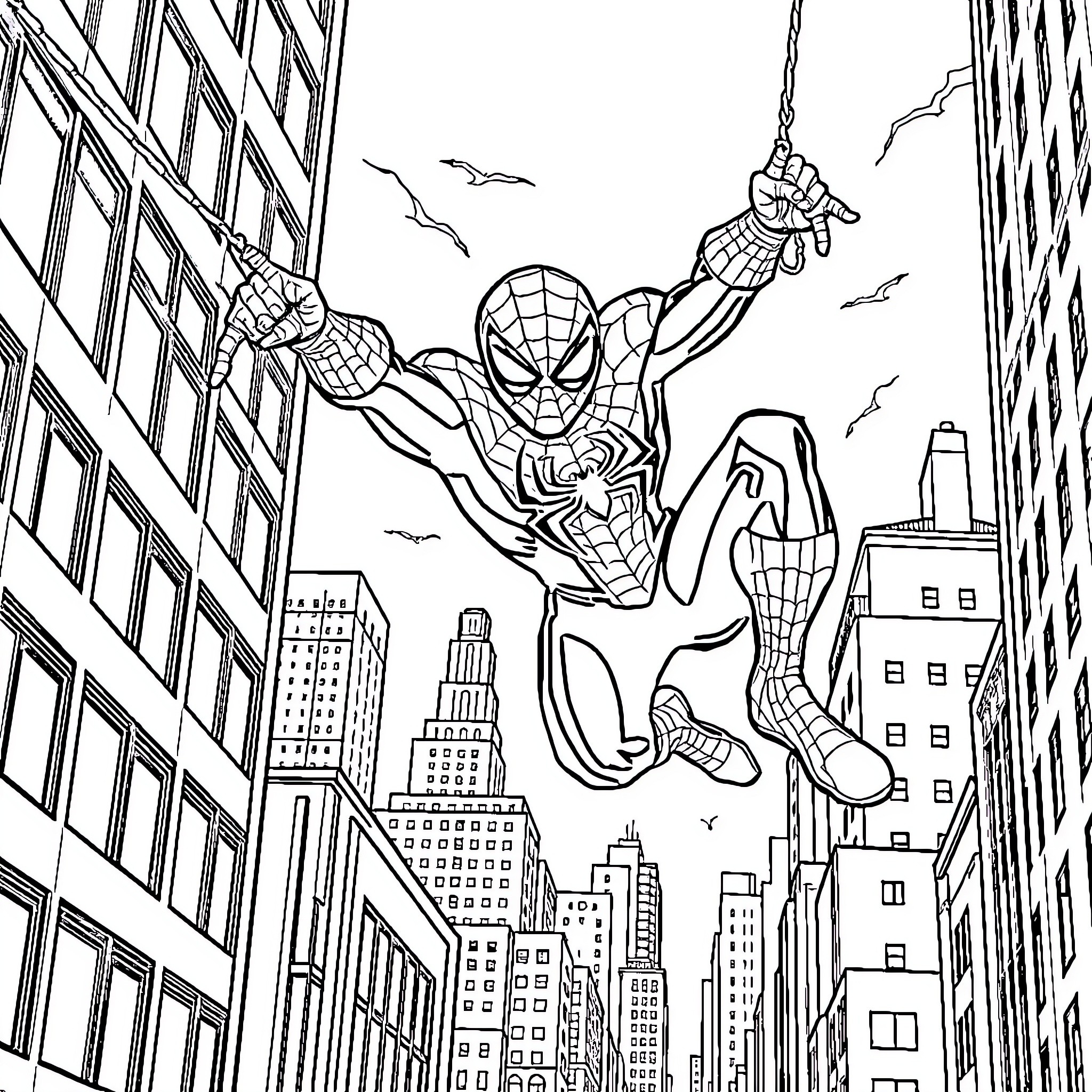 Spiderman swinging through the city skyline Coloring Page (free black-and-white line drawing printable PDF for all, from beginners to advanced learners, including children, teens, adults, and seniors)