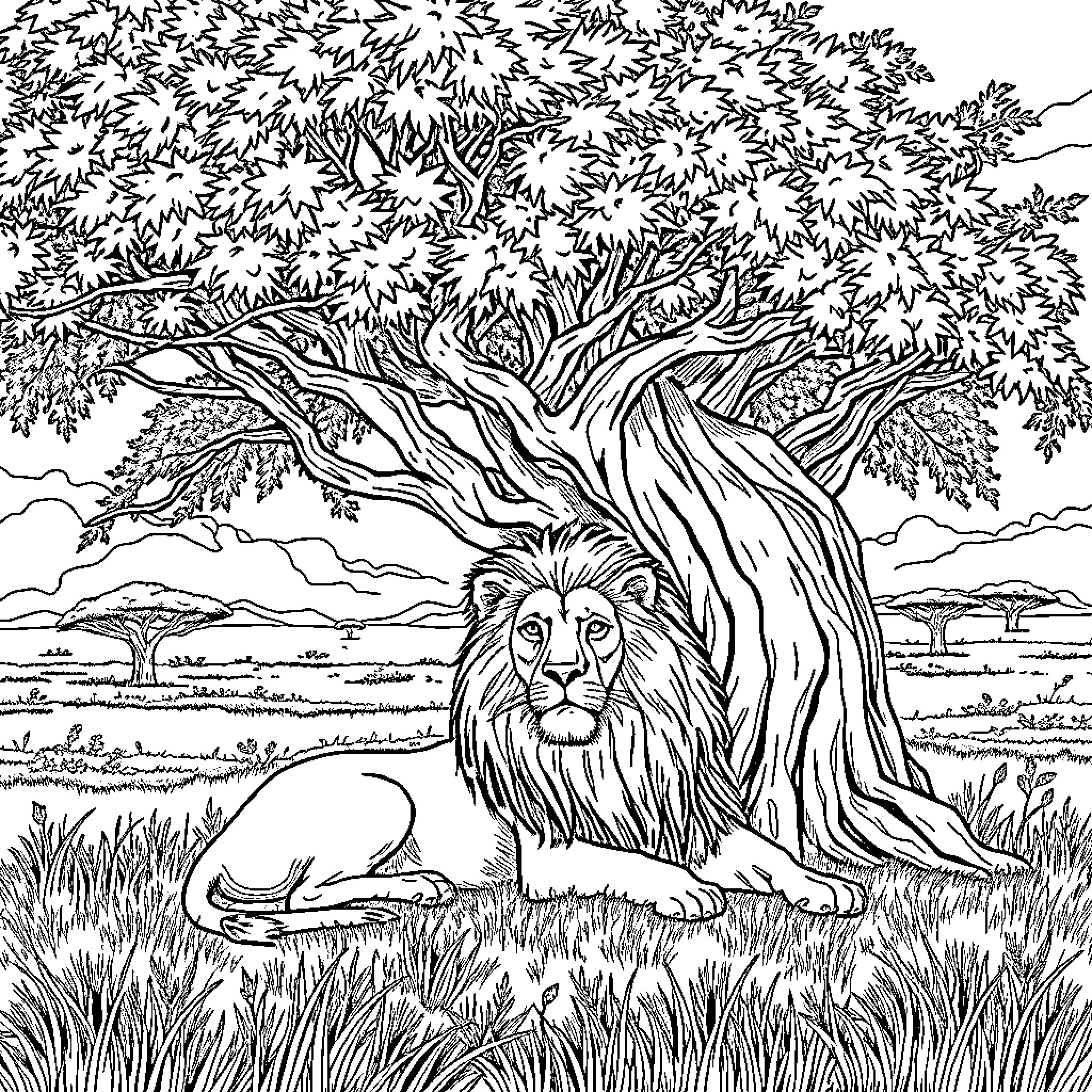Lion resting in the African wilderness Coloring Page (free black-and-white line drawing printable PDF for all, from beginners to advanced learners, including children, teens, adults, and seniors)