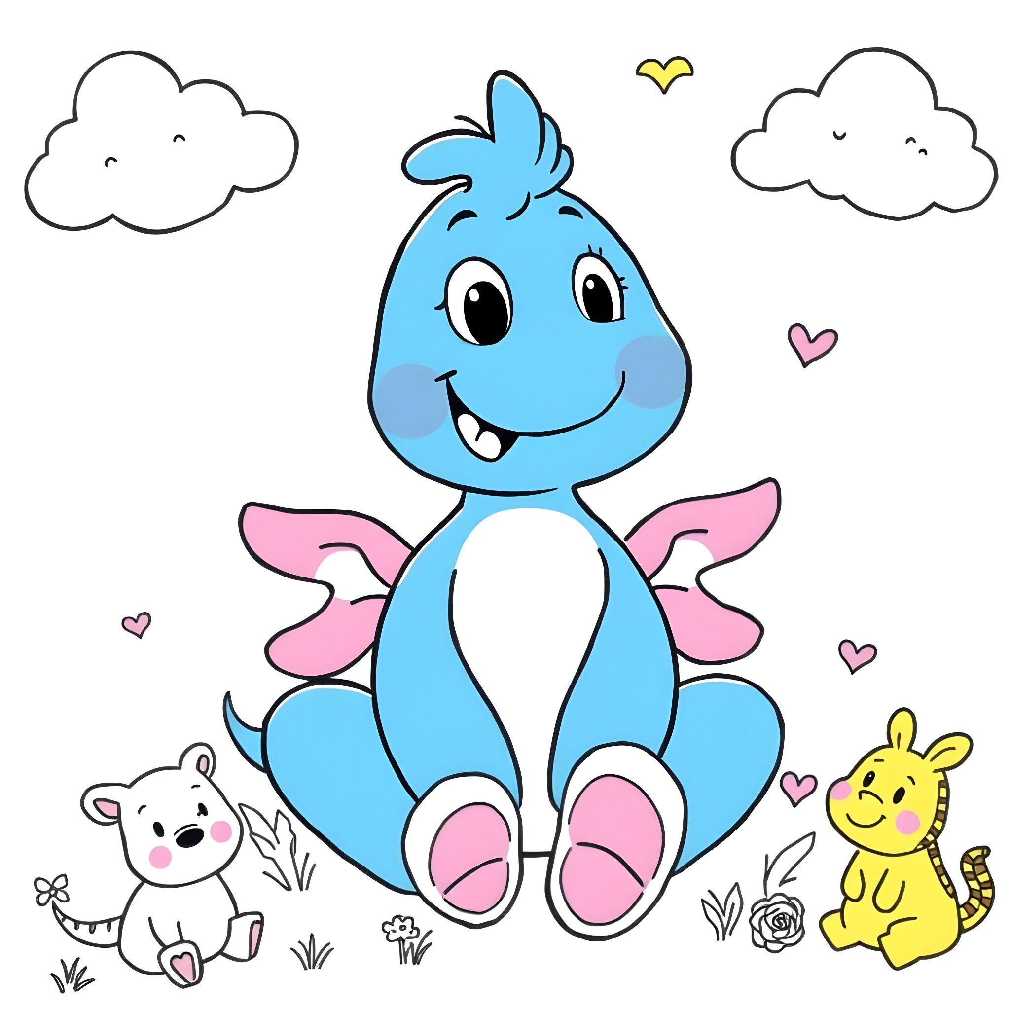 Rainbow Friend Smiling Playfully with Animal Friends Coloring Page (free black-and-white line drawing printable PDF for all, from beginners to advanced learners, including children, teens, adults, and seniors)