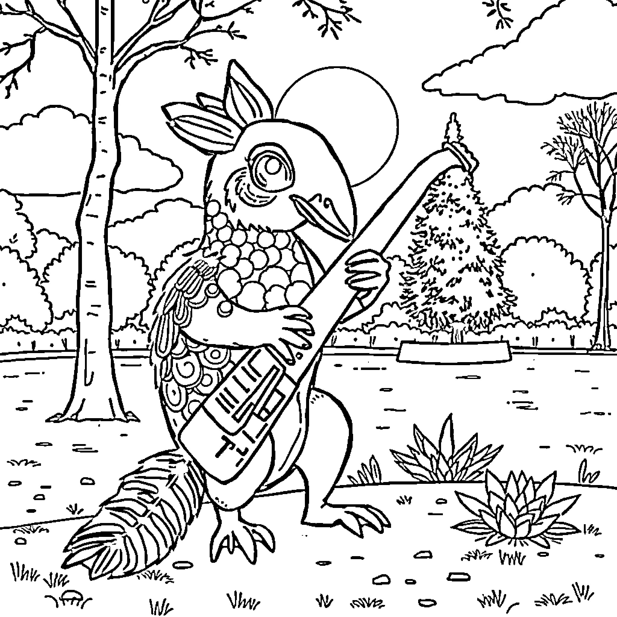 Axolotl playing in a scenic woodland setting Coloring Page (free black-and-white line drawing printable PDF for all, from beginners to advanced learners, including children, teens, adults, and seniors)