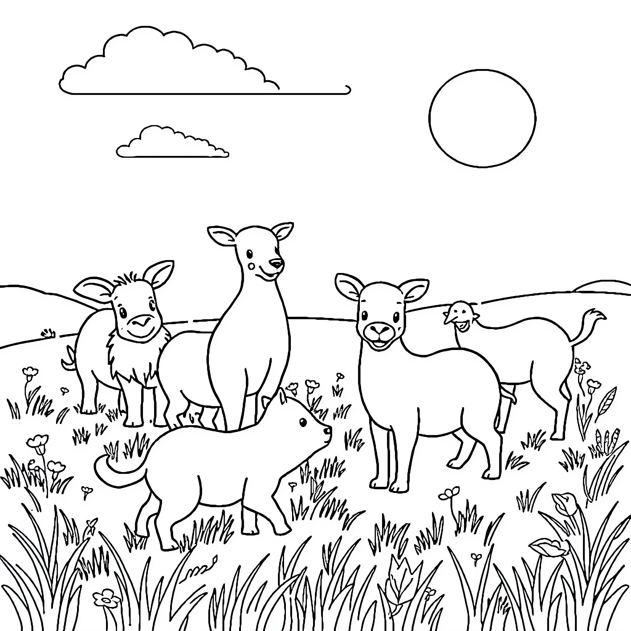 Animal herd grazing in a pastoral landscape Coloring Page (free black-and-white line drawing printable PDF for all, from beginners to advanced learners, including children, teens, adults, and seniors)