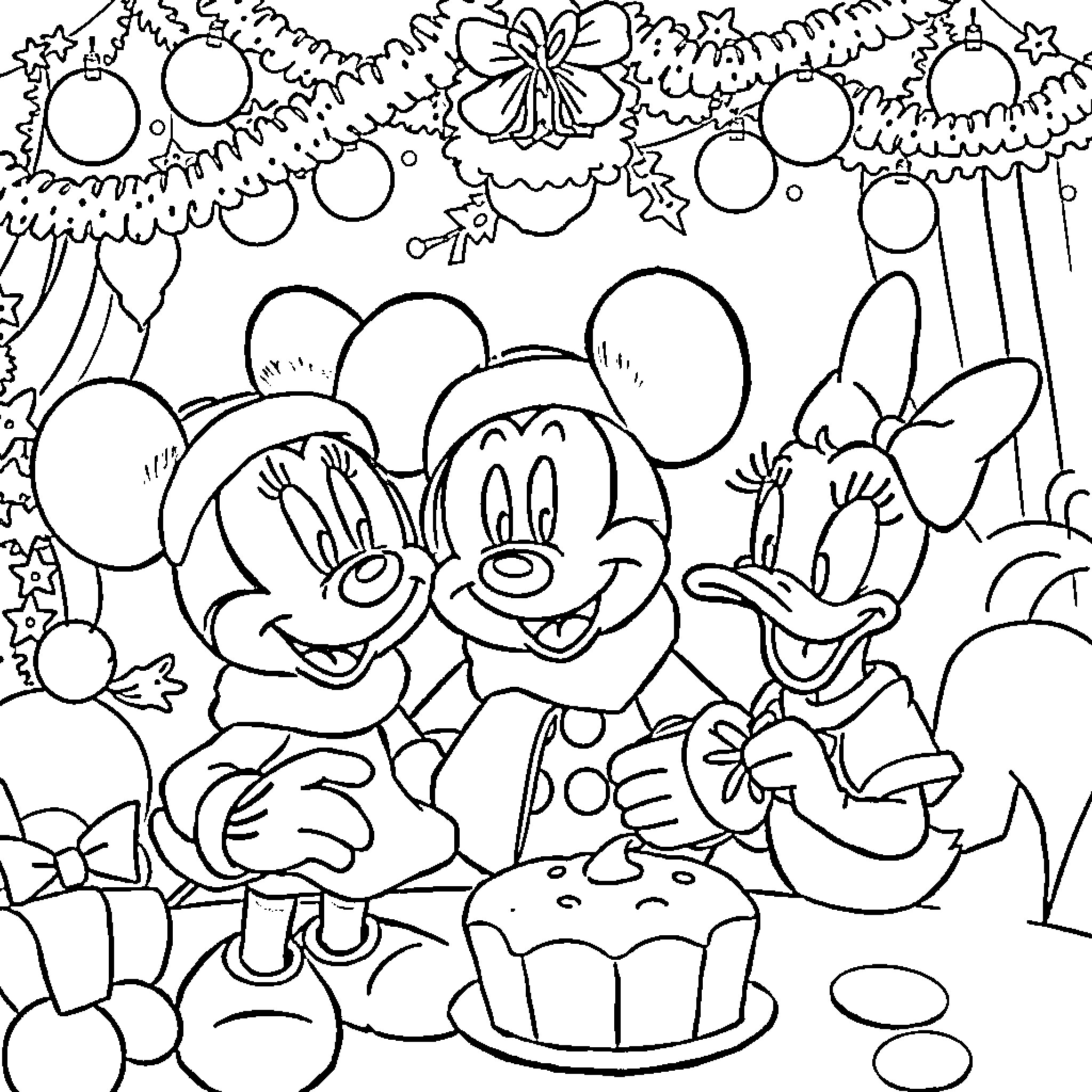Mickey Mouse and Friends Celebrating with Cupcakes Coloring Page (free black-and-white line drawing printable PDF for all, from beginners to advanced learners, including children, teens, adults, and seniors)