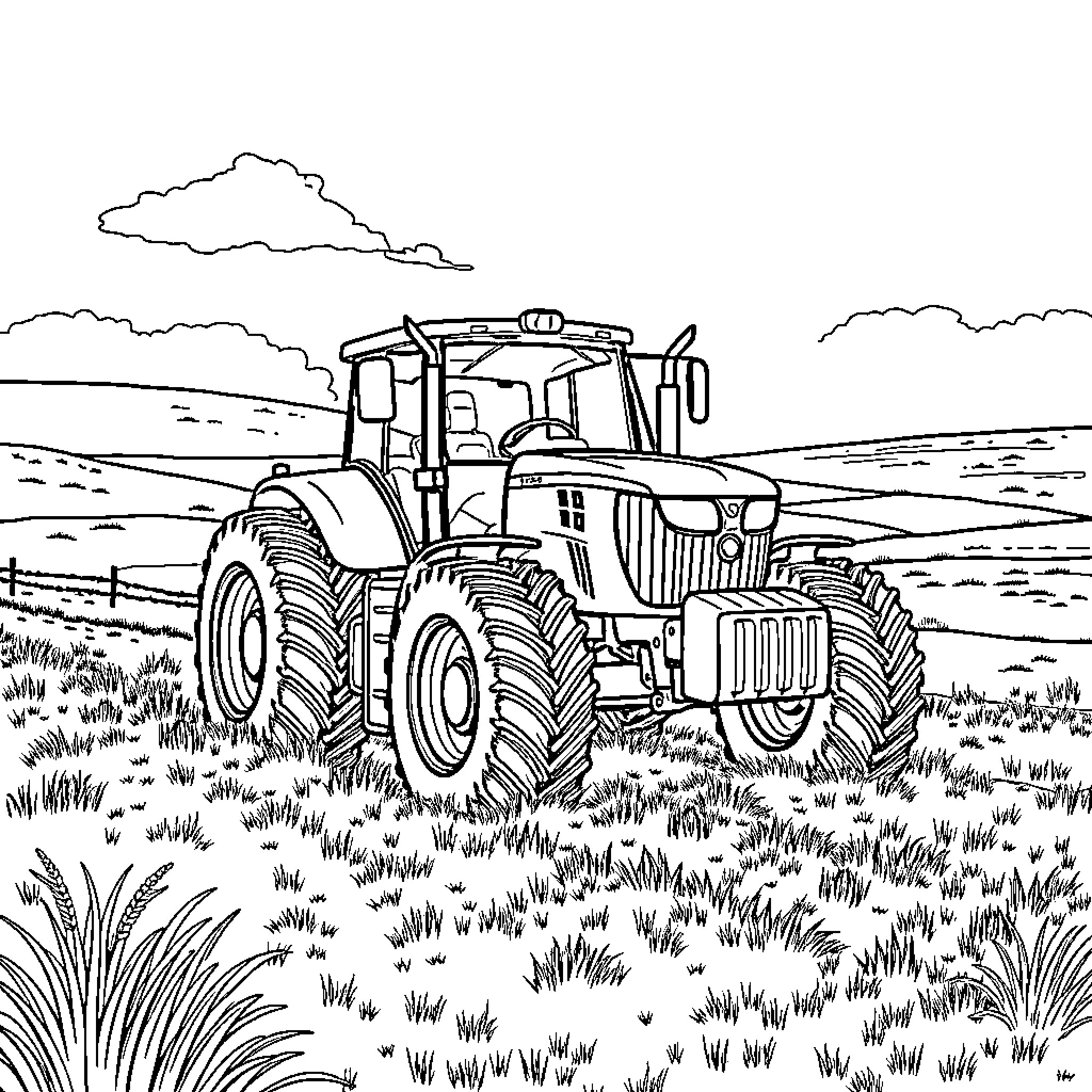 Tractor plowing a field in the countryside Coloring Page (free black-and-white line drawing printable PDF for all, from beginners to advanced learners, including children, teens, adults, and seniors)