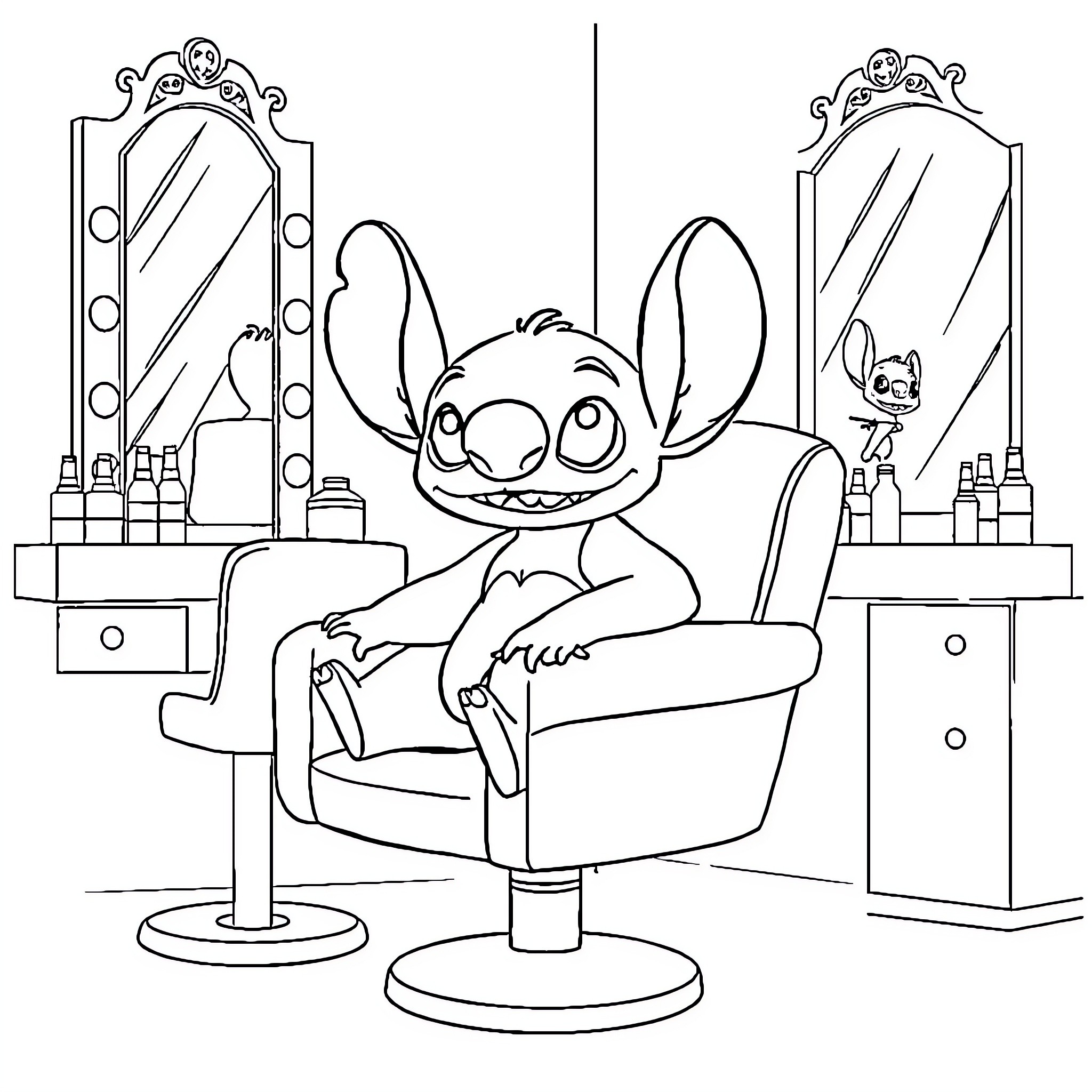 Stitch getting a makeover at the salon Coloring Page (free black-and-white line drawing printable PDF for all, from beginners to advanced learners, including children, teens, adults, and seniors)