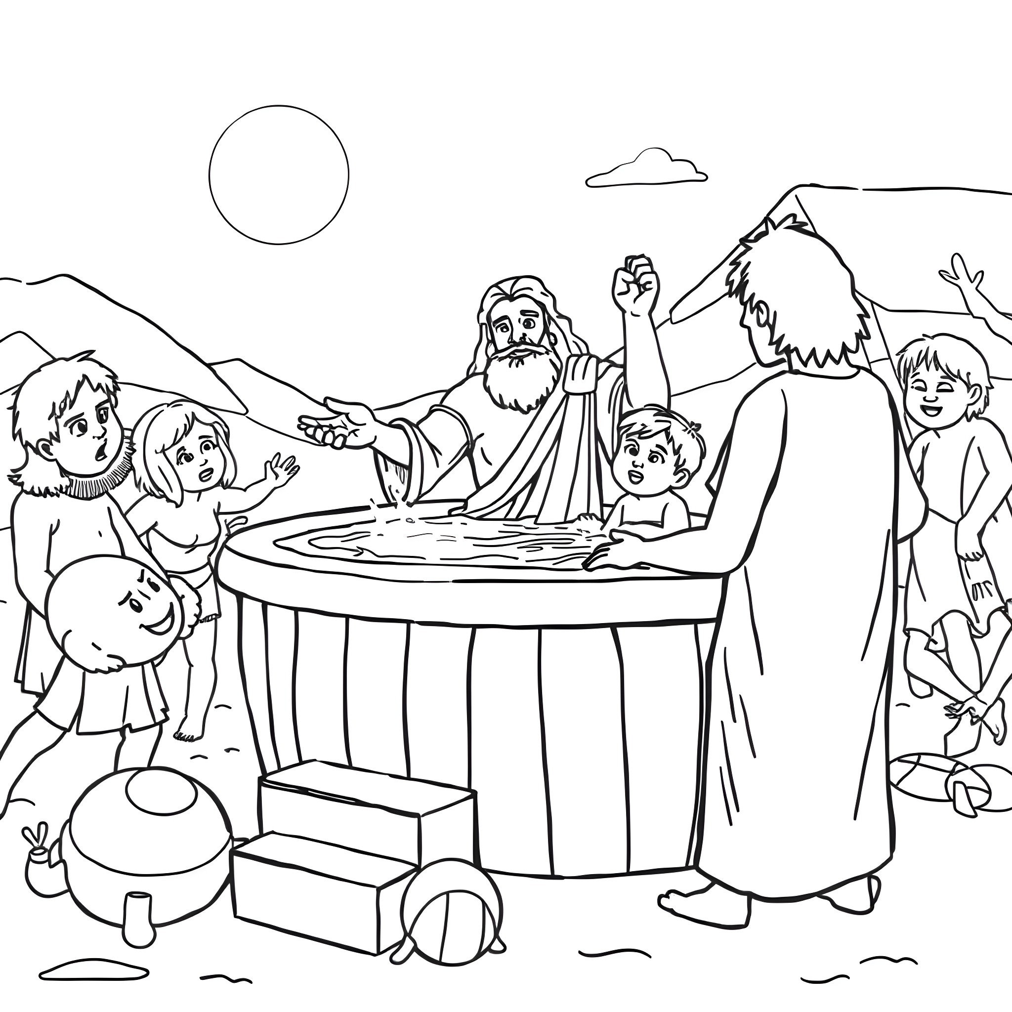 Moses sharing blessings with people in the wilderness Coloring Page (free black-and-white line drawing printable PDF for all, from beginners to advanced learners, including children, teens, adults, and seniors)
