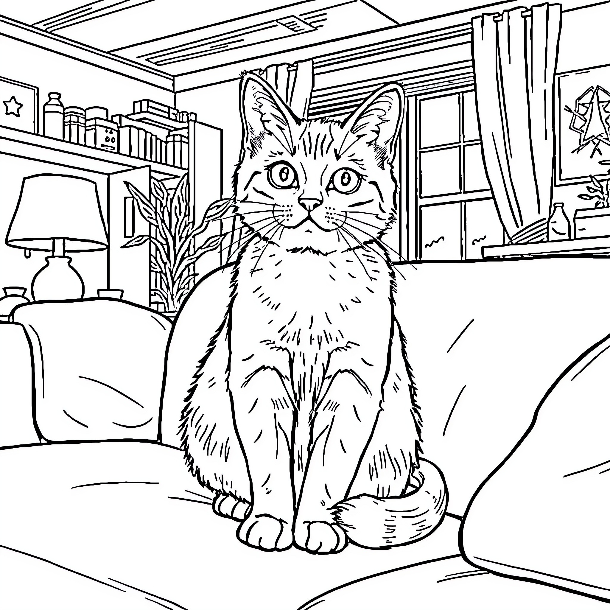 Cat sitting calmly in a cozy home interior Coloring Page (free black-and-white line drawing printable PDF for all, from beginners to advanced learners, including children, teens, adults, and seniors)