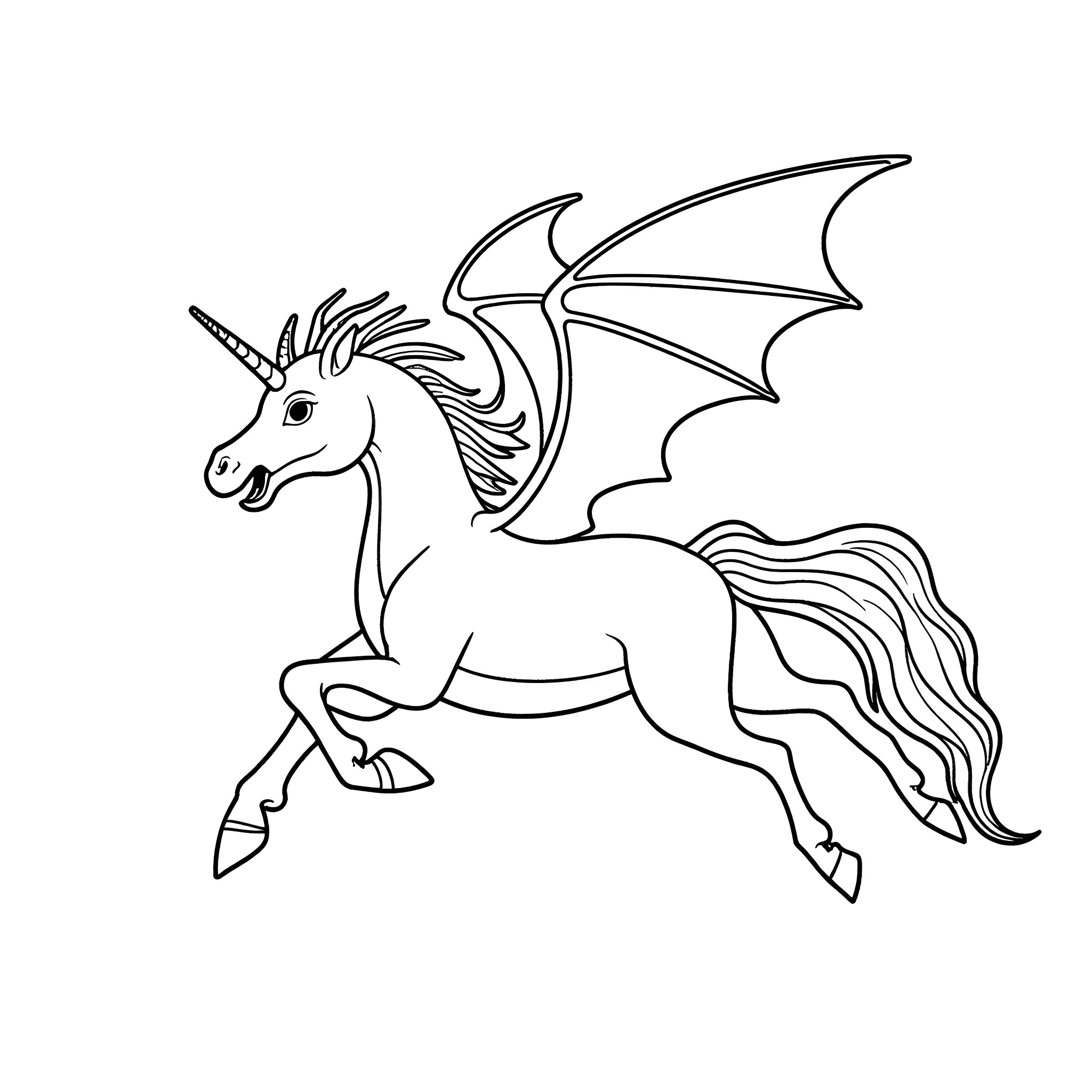 Dragon-like unicorn taking flight Coloring Page (free black-and-white line drawing printable PDF for all, from beginners to advanced learners, including children, teens, adults, and seniors)