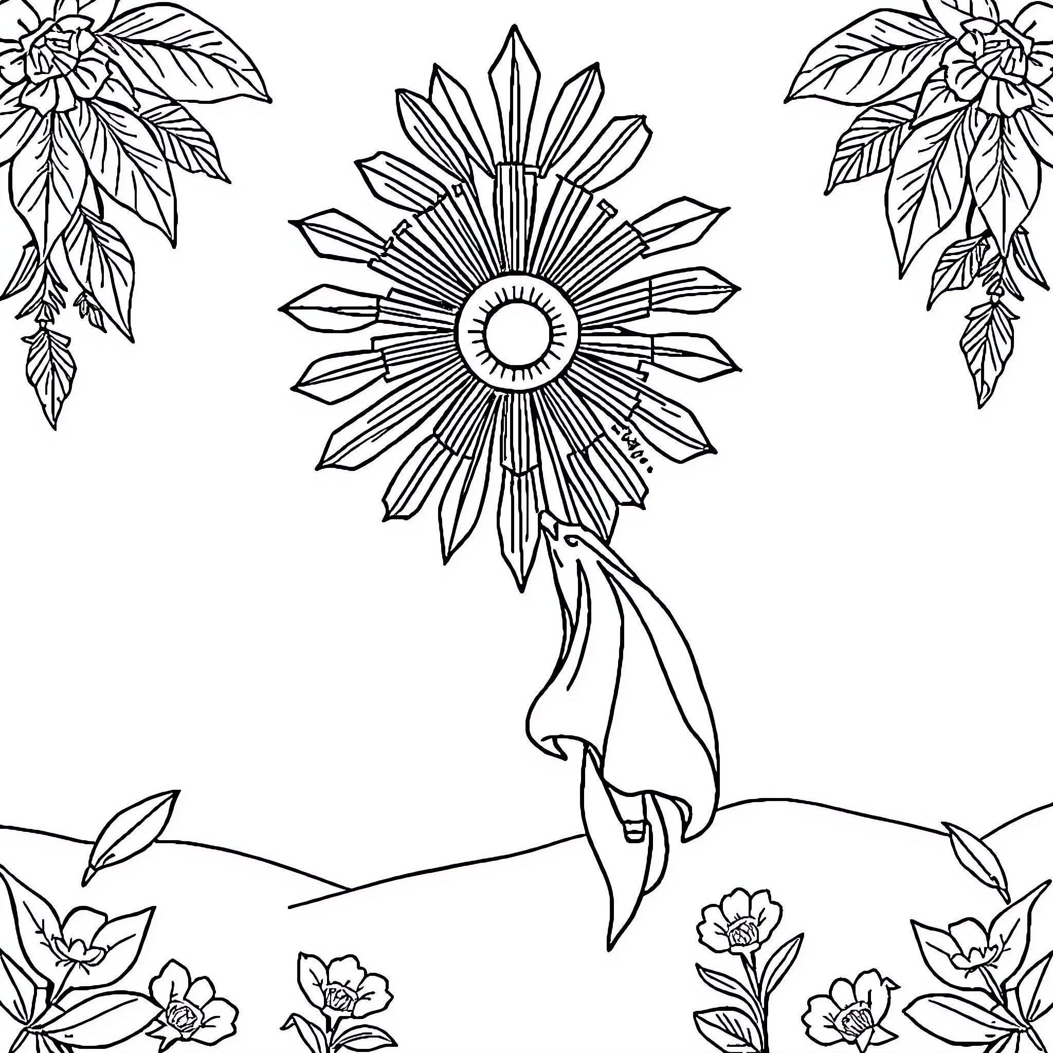 Buwan of Radiant Blossoms Coloring Page (free black-and-white line drawing printable PDF for all, from beginners to advanced learners, including children, teens, adults, and seniors)