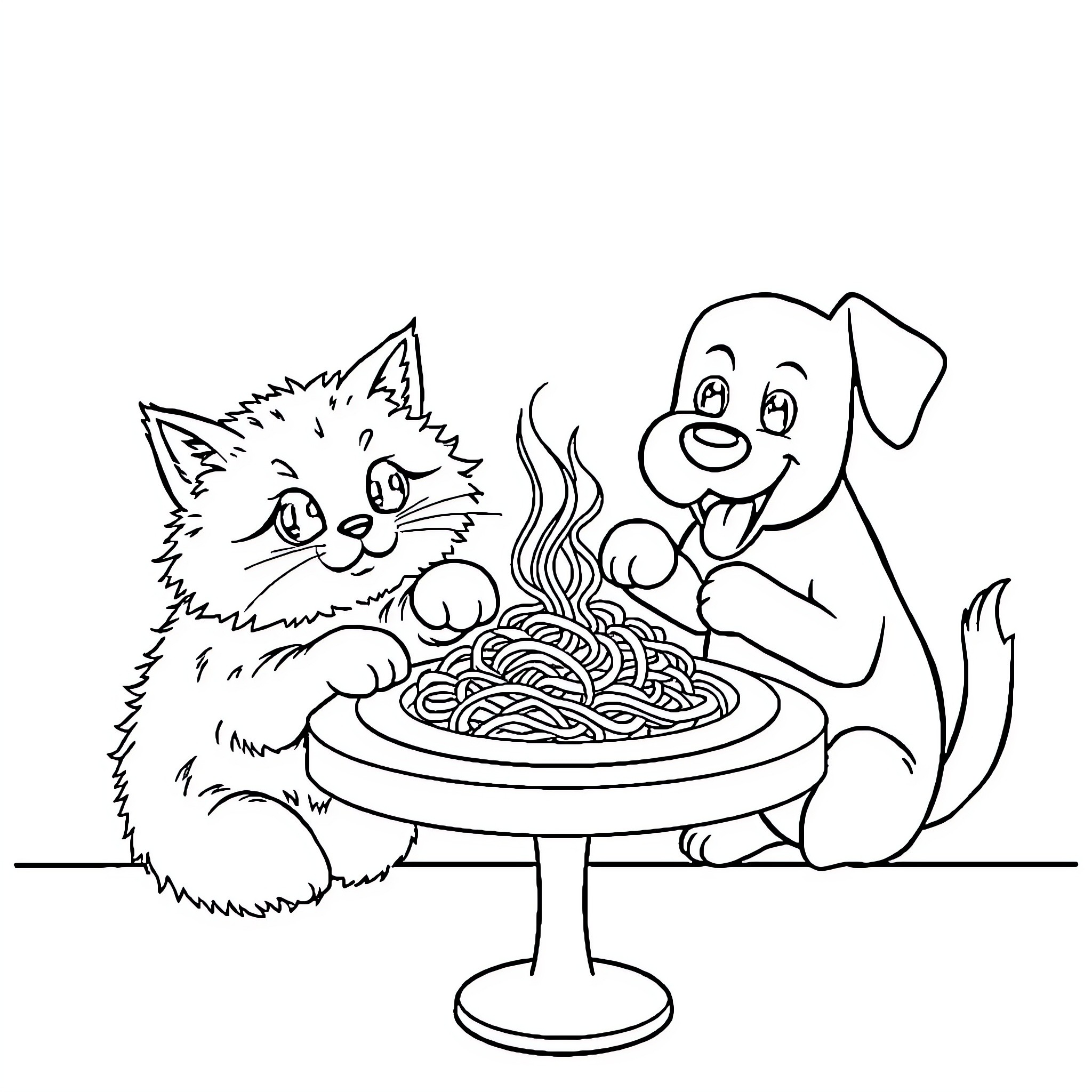 Cat and Dog Sharing a Meal Coloring Page (free black-and-white line drawing printable PDF for all, from beginners to advanced learners, including children, teens, adults, and seniors)