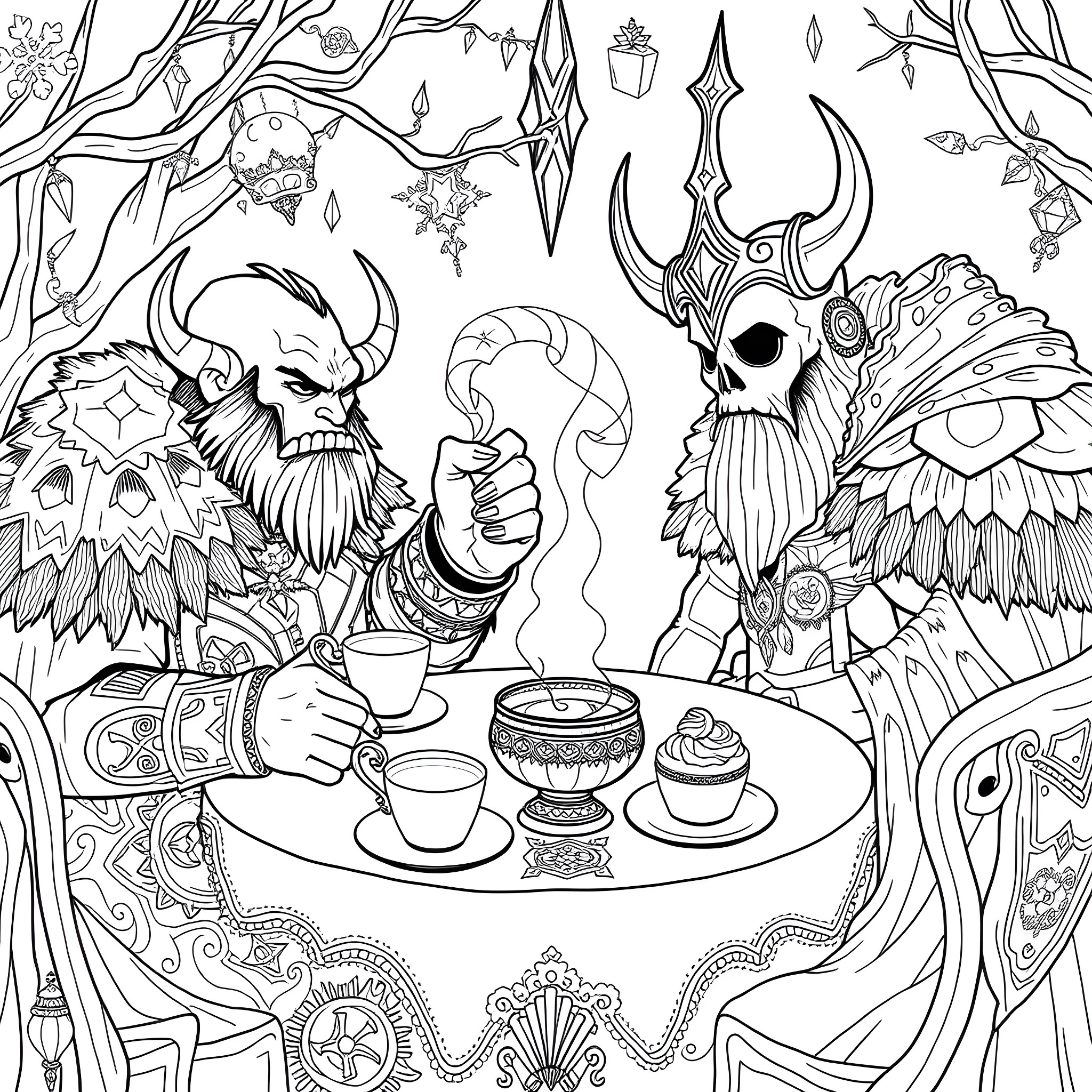 Garosh's Enchanted Teahouse in the Mystic Woods Coloring Page (free black-and-white line drawing printable PDF for all, from beginners to advanced learners, including children, teens, adults, and seniors)