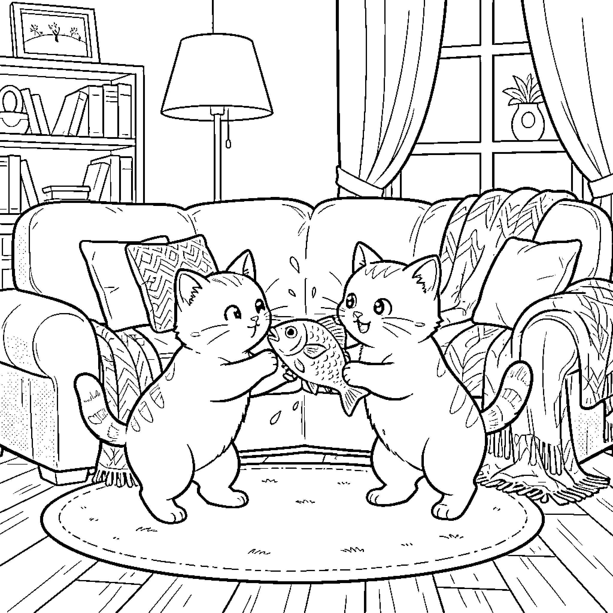 Cats Playing with Fish in Cozy Home Coloring Page (free black-and-white line drawing printable PDF for all, from beginners to advanced learners, including children, teens, adults, and seniors)