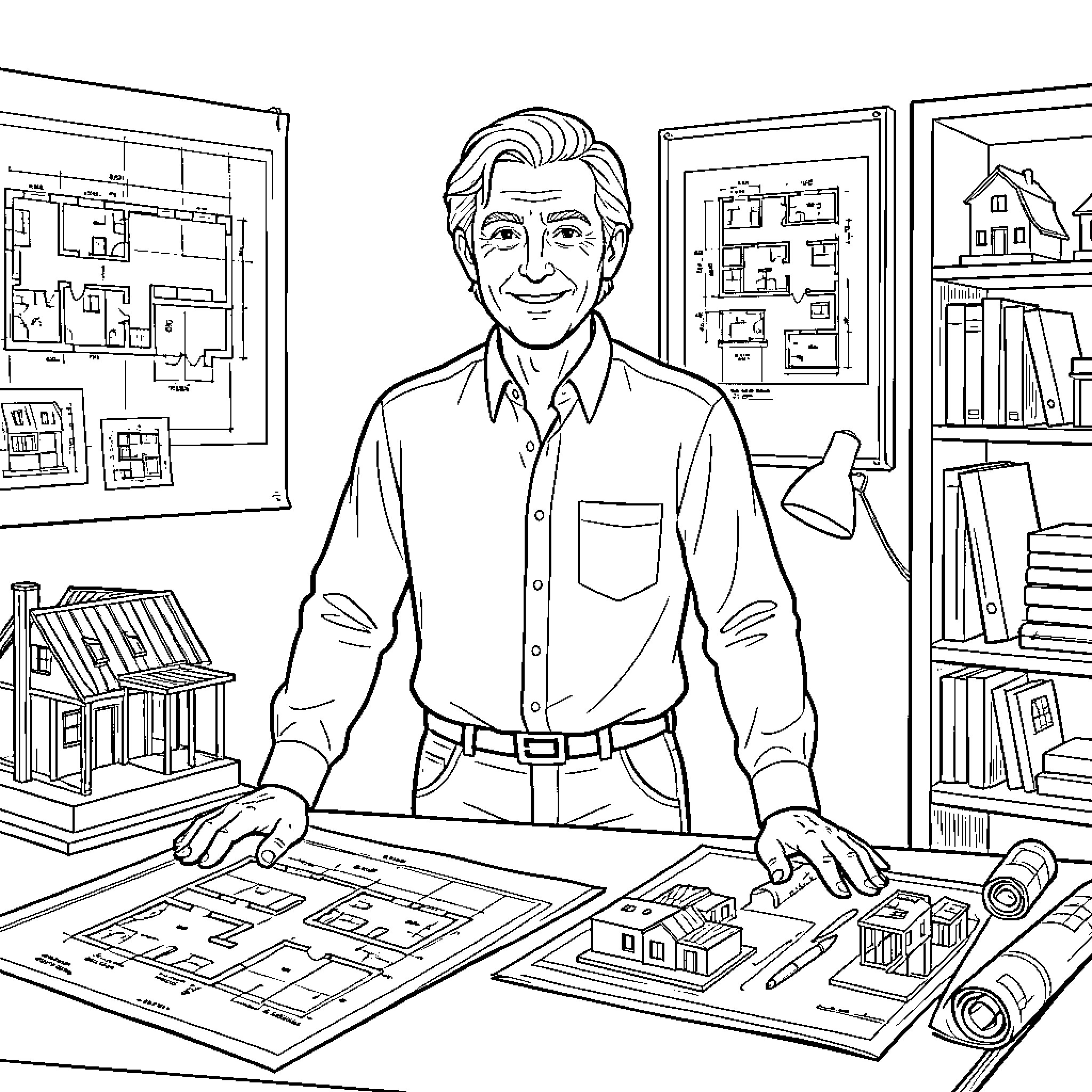 Pierre Garnier smiling while standing at an architect desk Coloring Page (free black-and-white line drawing printable PDF for all, from beginners to advanced learners, including children, teens, adults, and seniors)