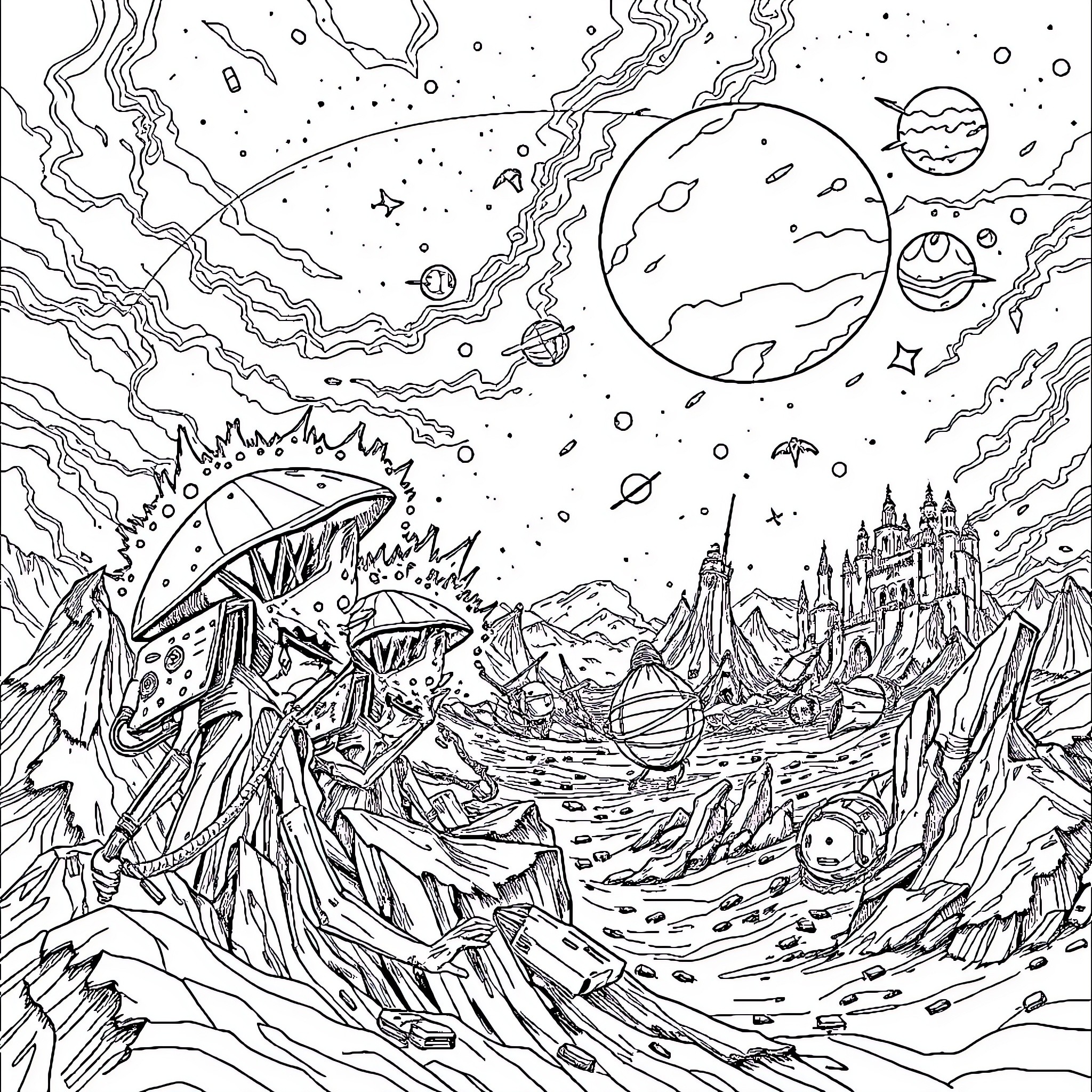 War of the Worlds: Alien Invasion on a Distant Planet Coloring Page (free black-and-white line drawing printable PDF for all, from beginners to advanced learners, including children, teens, adults, and seniors)