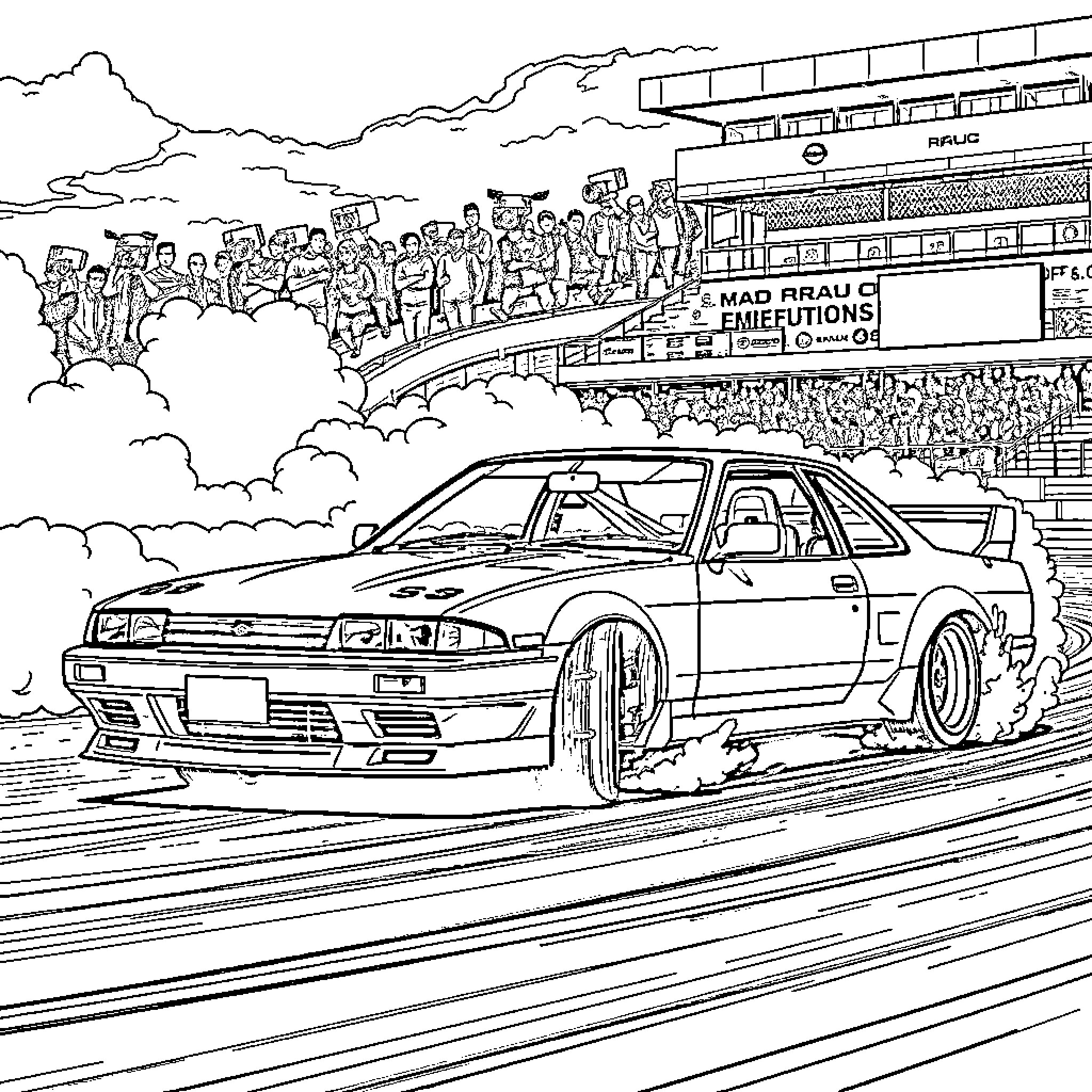 Nissan sports car racing on the track with crowd Coloring Page (free black-and-white line drawing printable PDF for all, from beginners to advanced learners, including children, teens, adults, and seniors)