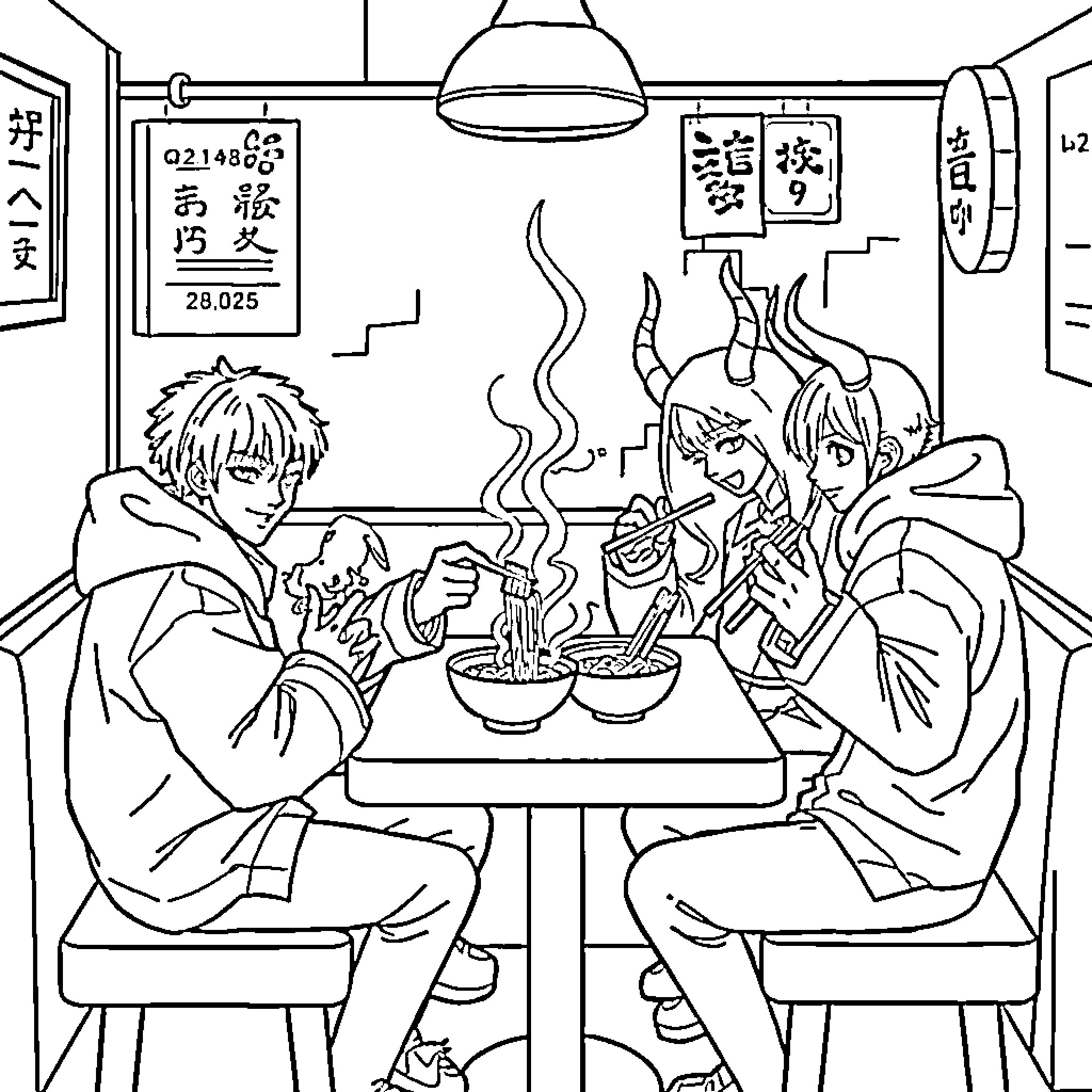 Demon Hunters Enjoying a Hot Meal Coloring Page (free black-and-white line drawing printable PDF for all, from beginners to advanced learners, including children, teens, adults, and seniors)