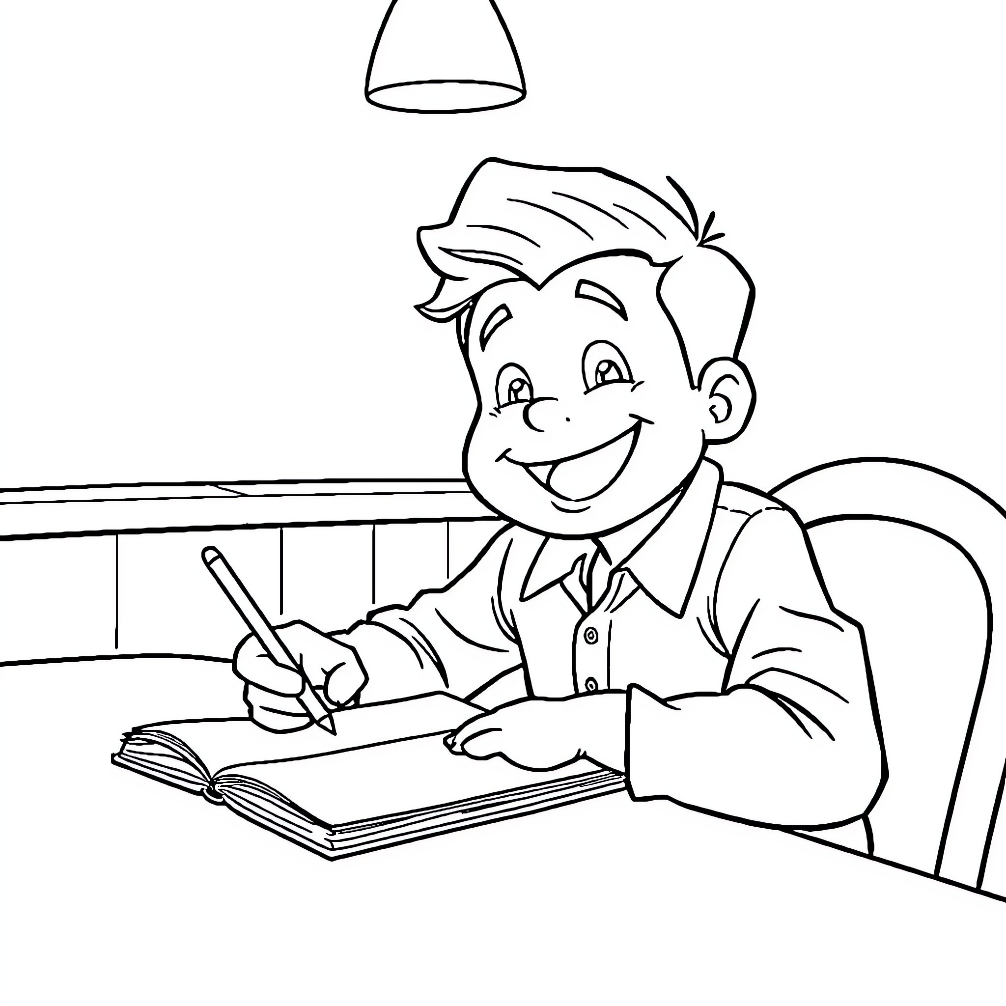 Charlie's Diligent Study at His Desk Coloring Page (free black-and-white line drawing printable PDF for all, from beginners to advanced learners, including children, teens, adults, and seniors)