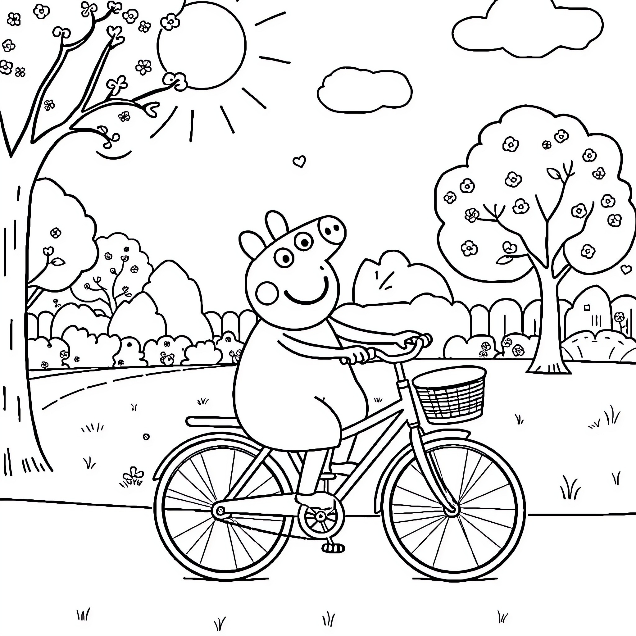 Peppa's Bicycle Adventure in the Countryside Coloring Page (free black-and-white line drawing printable PDF for all, from beginners to advanced learners, including children, teens, adults, and seniors)
