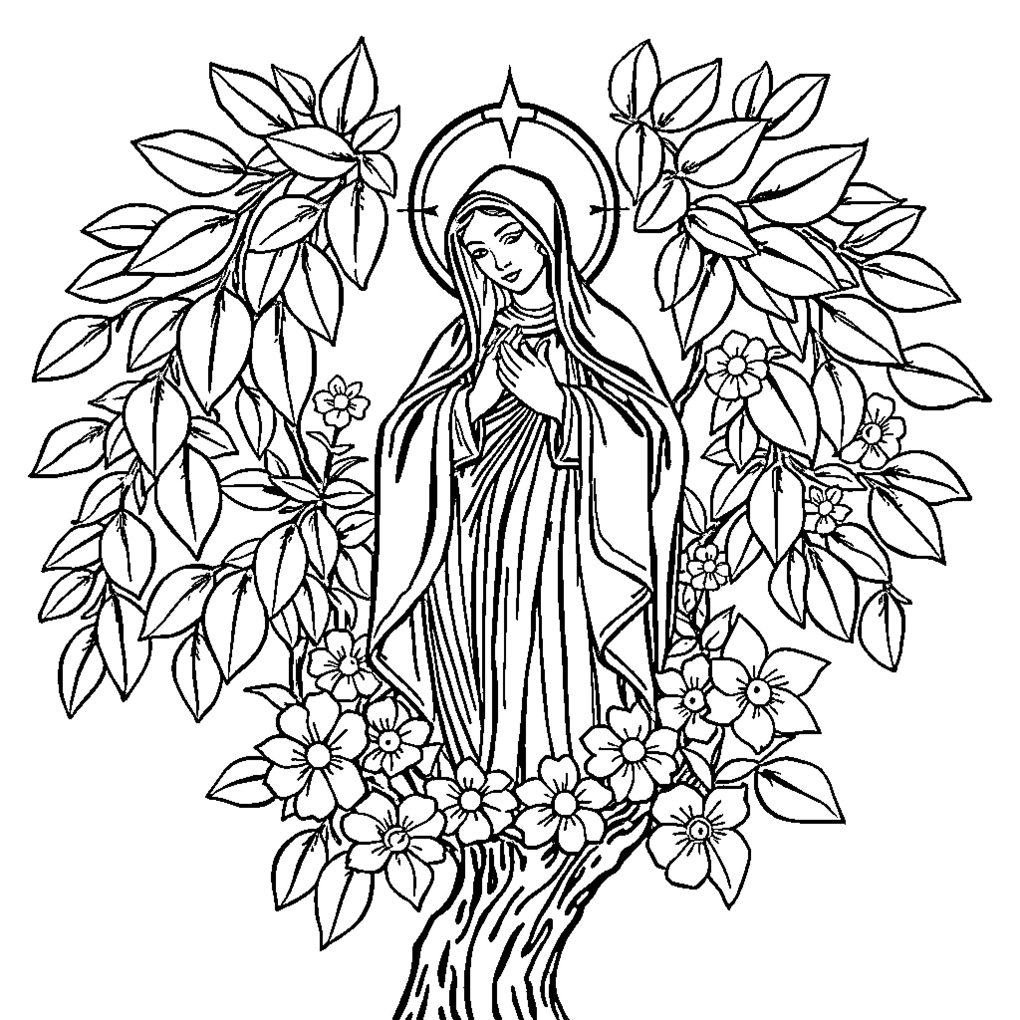 Virgen del Rocío: Serene figure amidst lush floral display Coloring Page (free black-and-white line drawing printable PDF for all, from beginners to advanced learners, including children, teens, adults, and seniors)