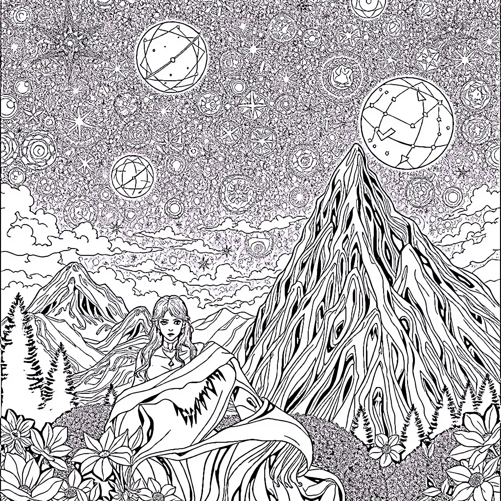 Ser Místico - Mystic Journey in the Enchanted Landscape Coloring Page (free black-and-white line drawing printable PDF for all, from beginners to advanced learners, including children, teens, adults, and seniors)