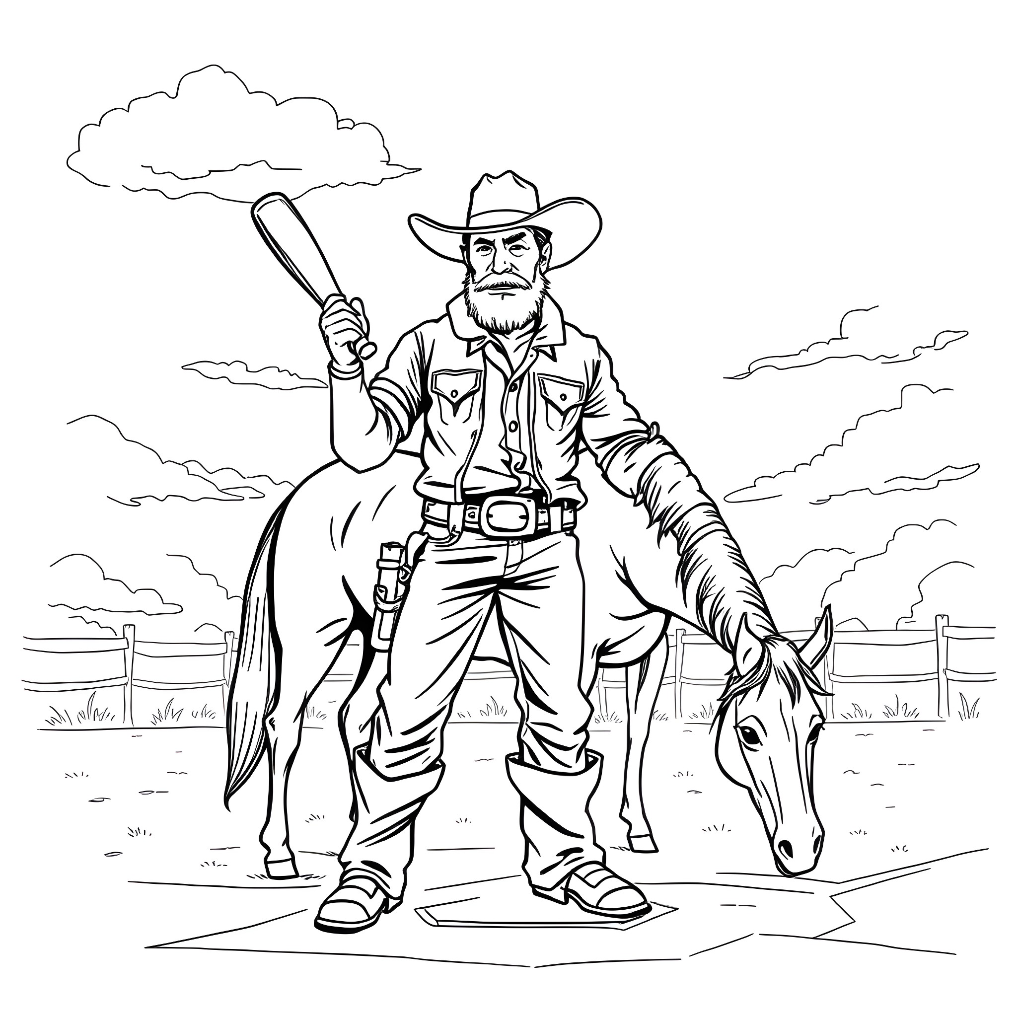 Cowboy with a baseball bat riding a horse on the ranch Coloring Page (free black-and-white line drawing printable PDF for all, from beginners to advanced learners, including children, teens, adults, and seniors)