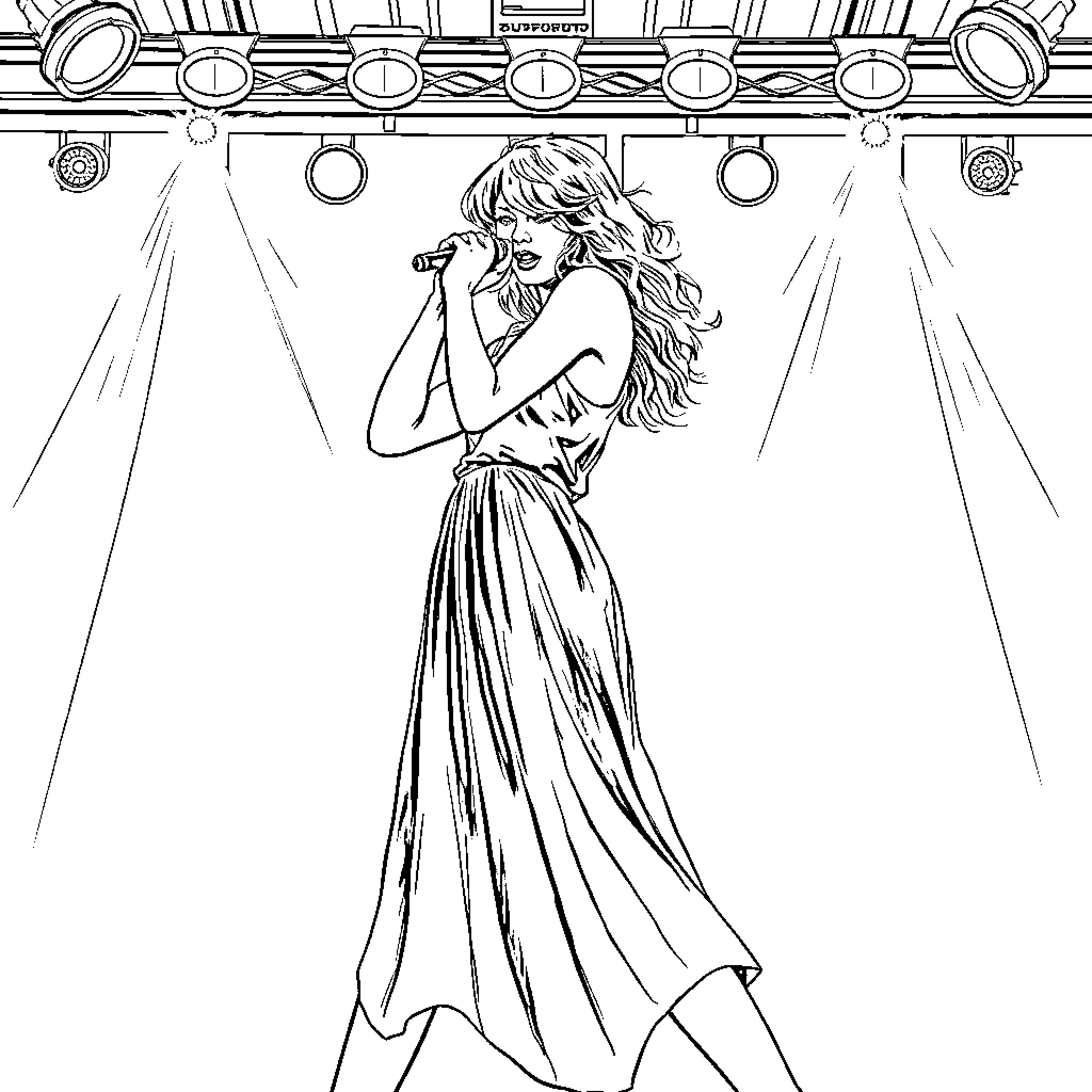 Taylor Swift performing on stage with elegant dress Coloring Page (free black-and-white line drawing printable PDF for all, from beginners to advanced learners, including children, teens, adults, and seniors)