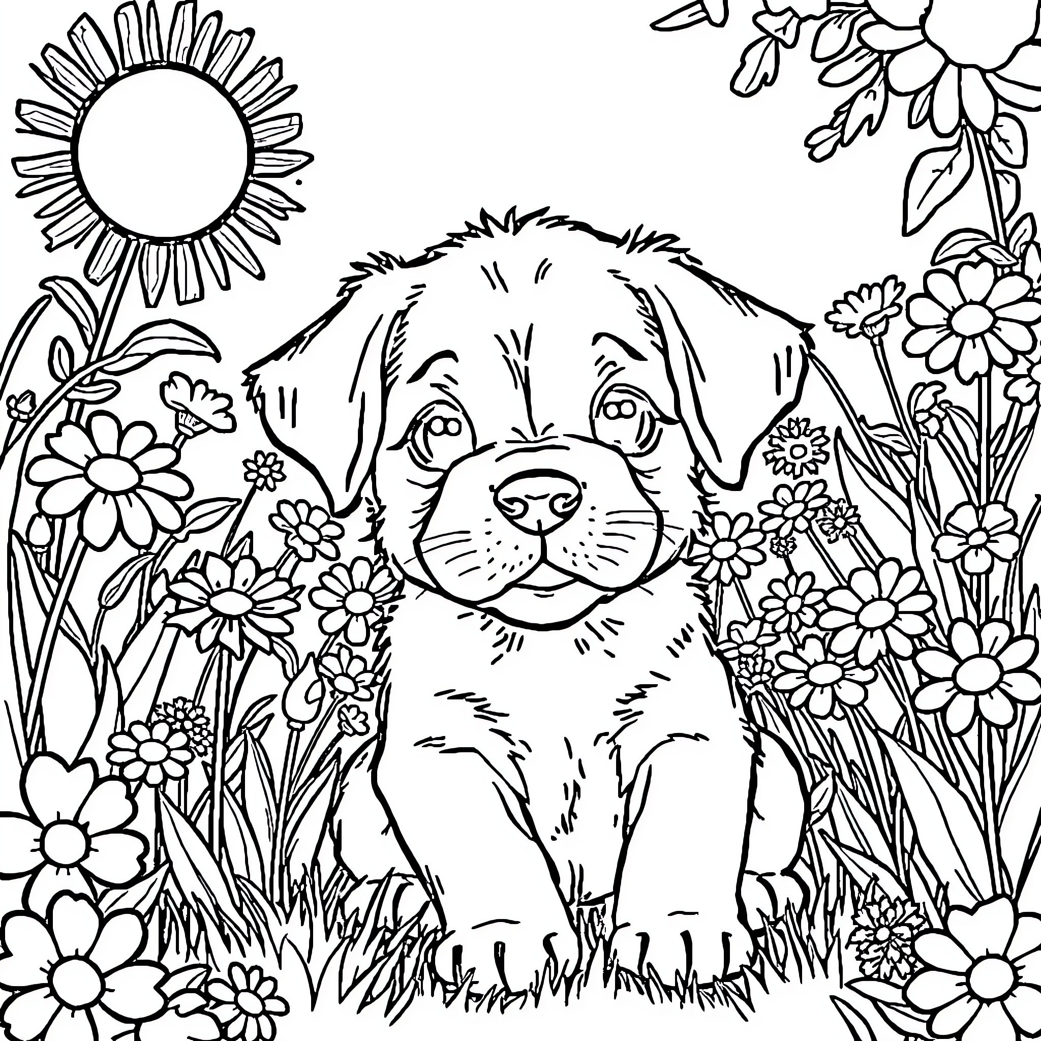 Puppy in a flower field Coloring Page (free black-and-white line drawing printable PDF for all, from beginners to advanced learners, including children, teens, adults, and seniors)