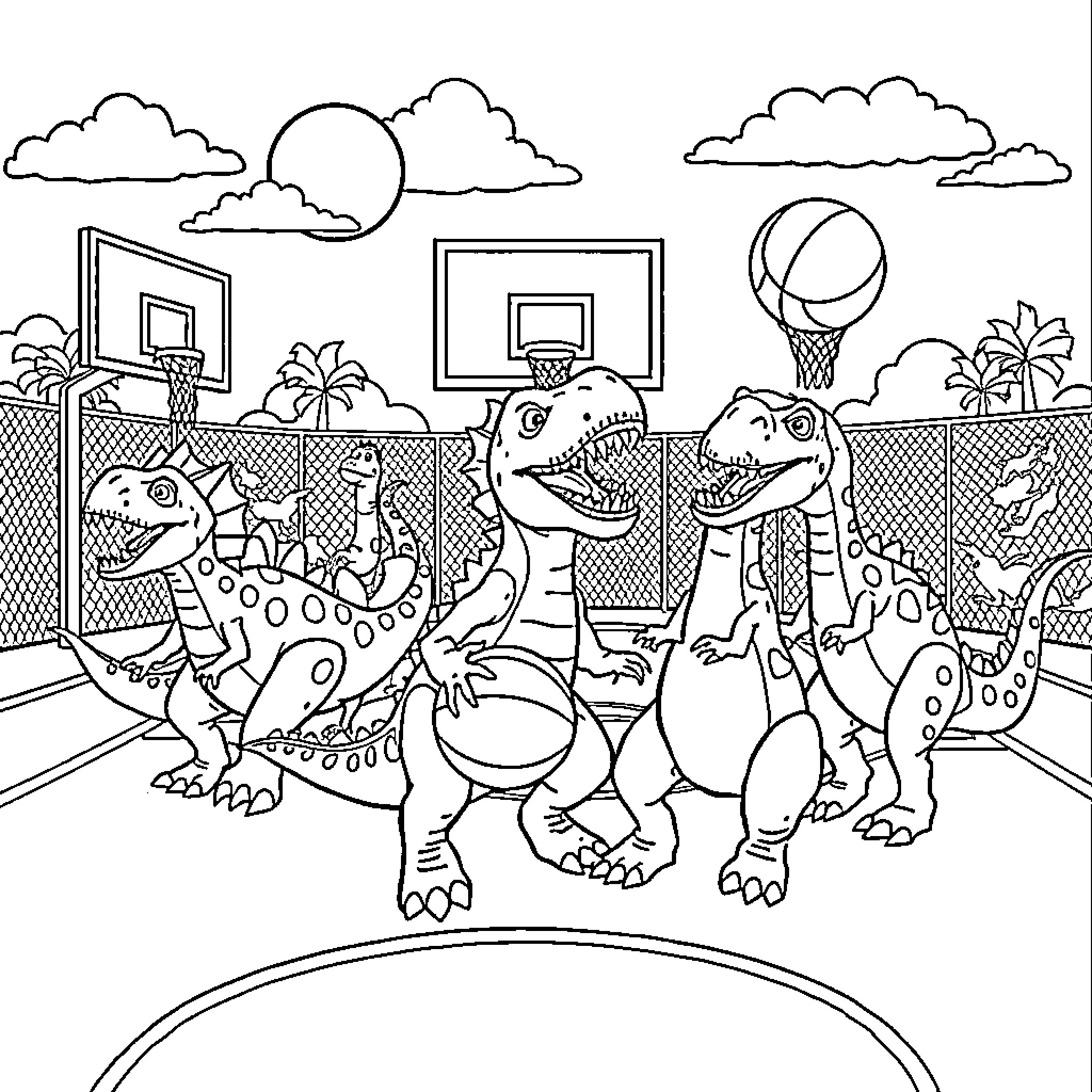 Dinosaurs playing basketball in the jungle Coloring Page (free black-and-white line drawing printable PDF for all, from beginners to advanced learners, including children, teens, adults, and seniors)