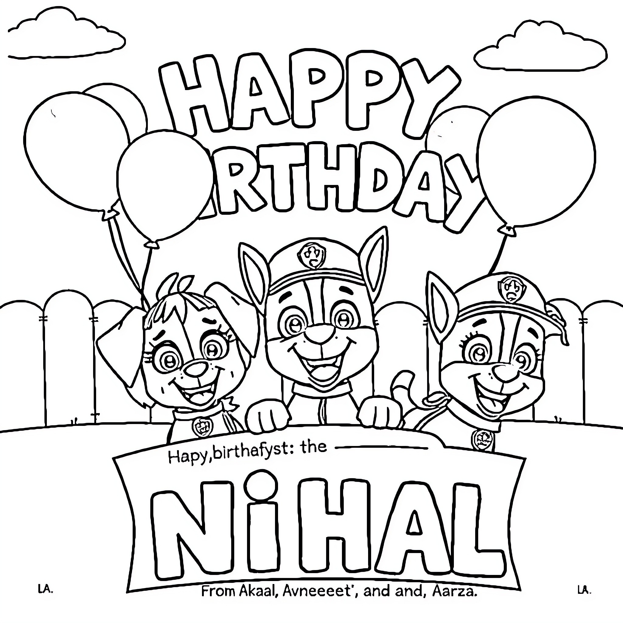 Paw Patrol happy birthday celebration Coloring Page (free black-and-white line drawing printable PDF for all, from beginners to advanced learners, including children, teens, adults, and seniors)