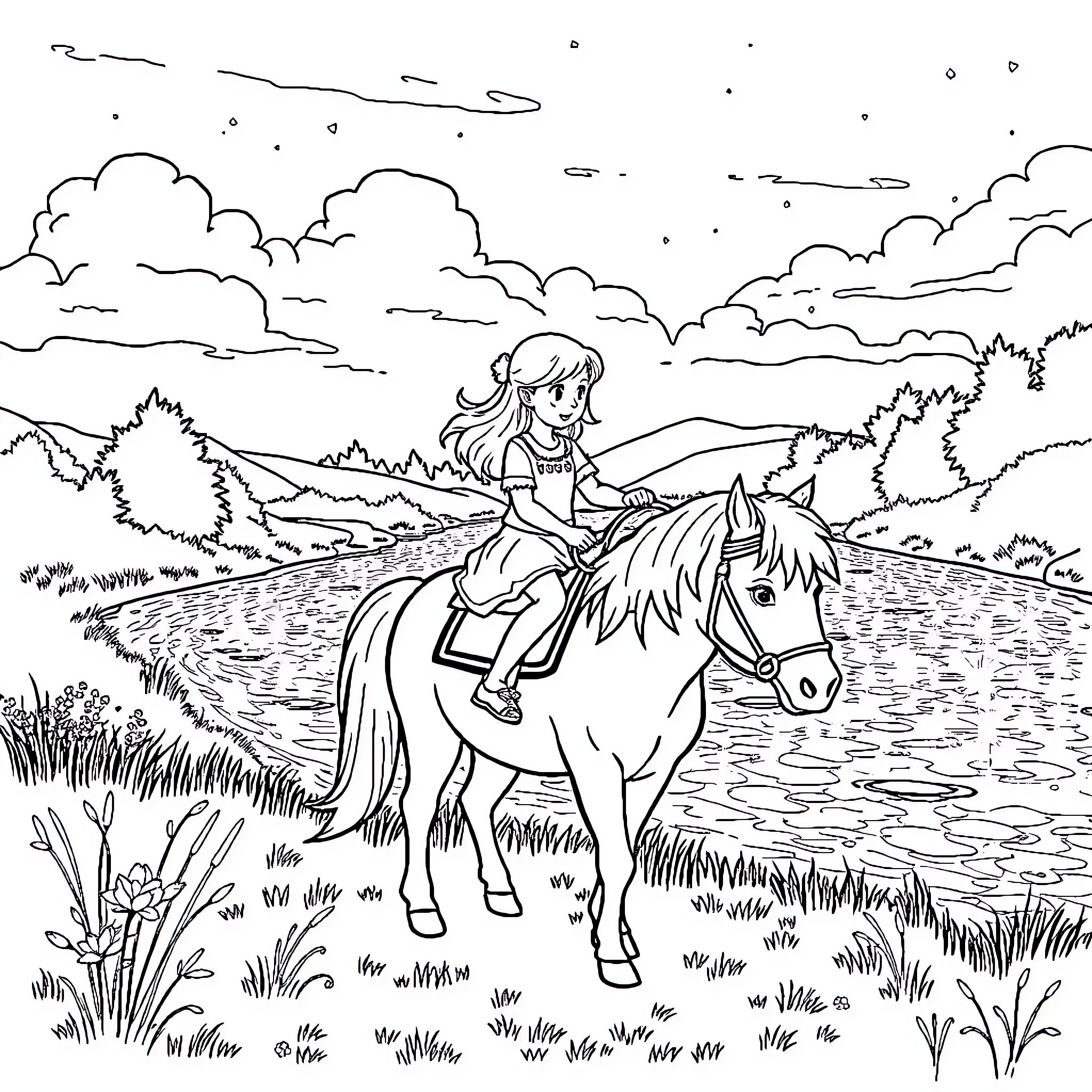 Girl riding horse through scenic countryside Coloring Page (free black-and-white line drawing printable PDF for all, from beginners to advanced learners, including children, teens, adults, and seniors)