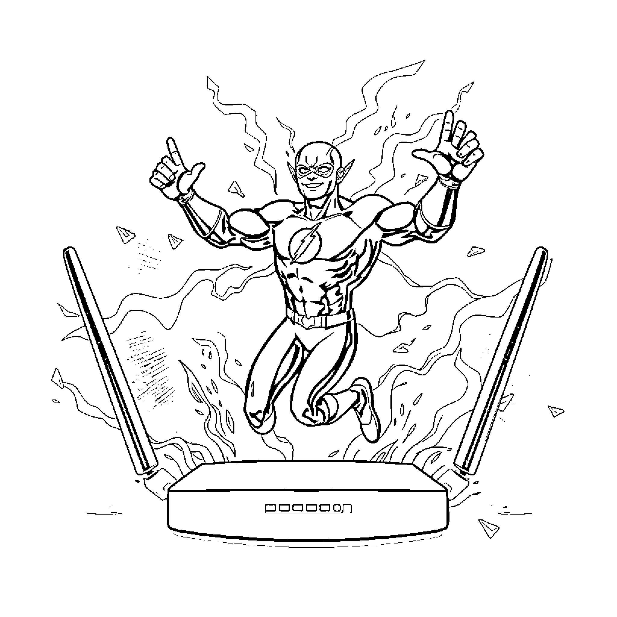 Flash Bursting With Energy on Podium Coloring Page (free black-and-white line drawing printable PDF for all, from beginners to advanced learners, including children, teens, adults, and seniors)