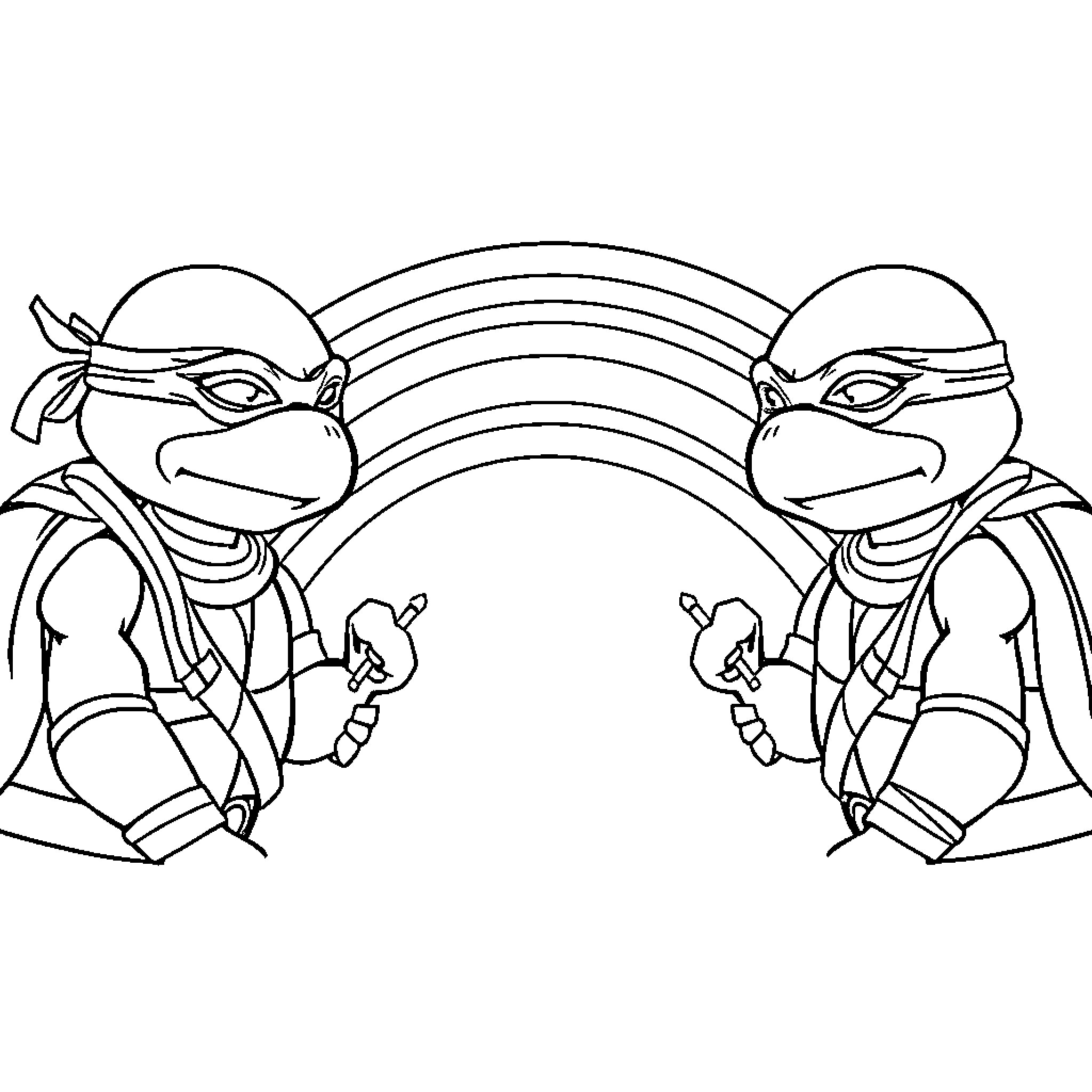 Ninja Turtle duo in action-packed pose Coloring Page (free black-and-white line drawing printable PDF for all, from beginners to advanced learners, including children, teens, adults, and seniors)