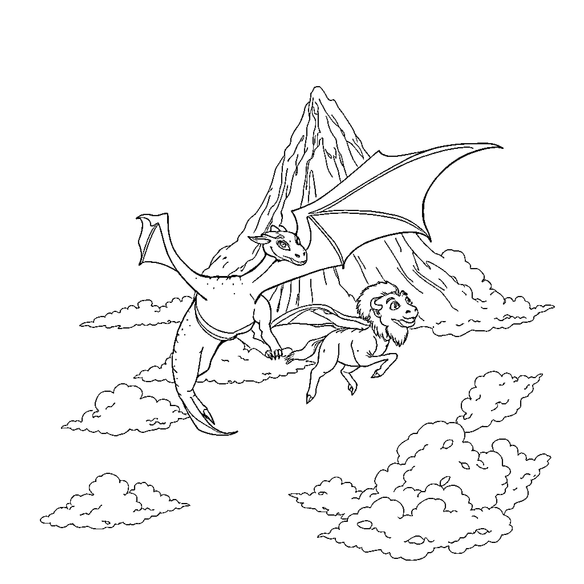 Dragon Soaring Across Cloudy Skies Coloring Page (free black-and-white line drawing printable PDF for all, from beginners to advanced learners, including children, teens, adults, and seniors)