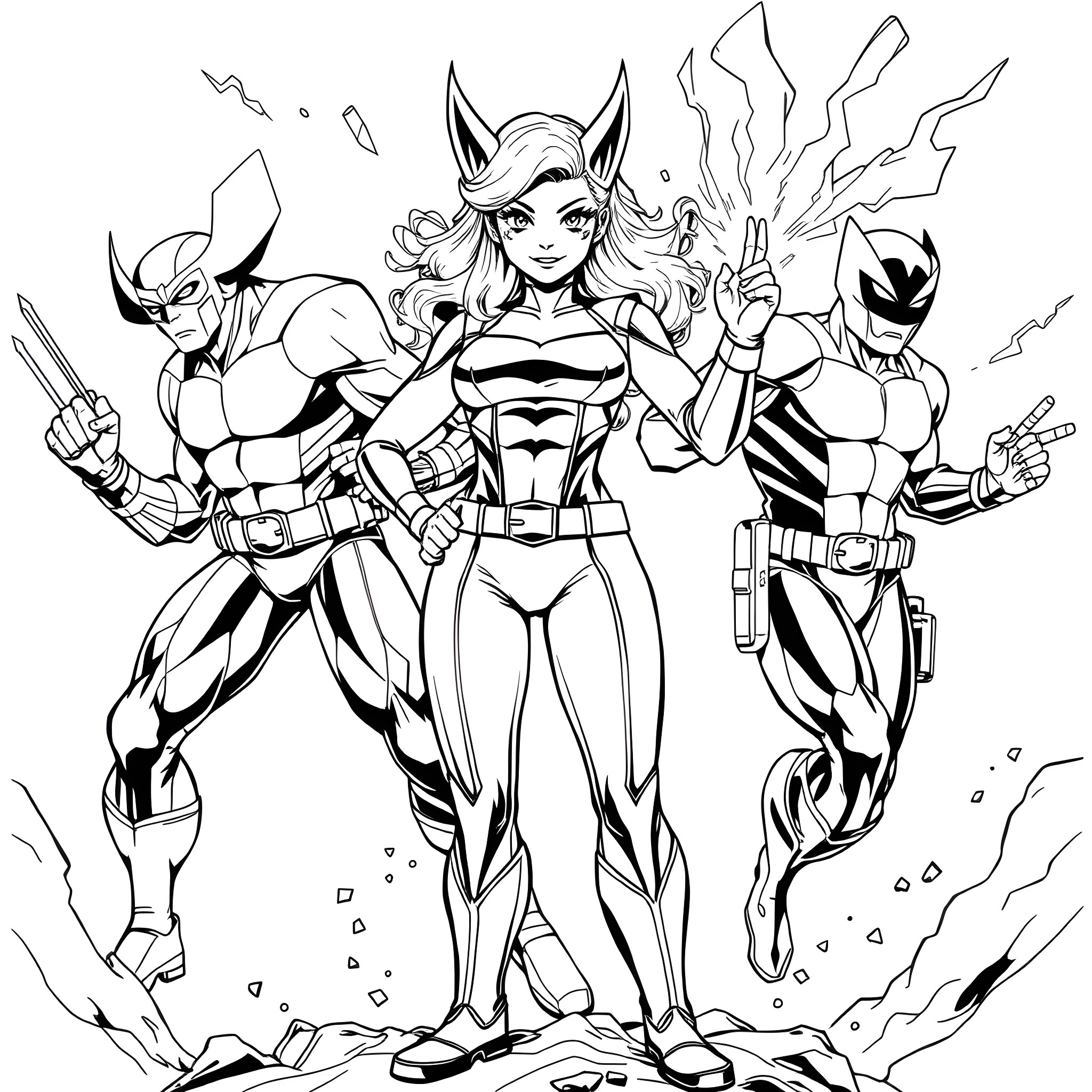 Bonnie and her Super-Powered Companions Coloring Page (free black-and-white line drawing printable PDF for all, from beginners to advanced learners, including children, teens, adults, and seniors)