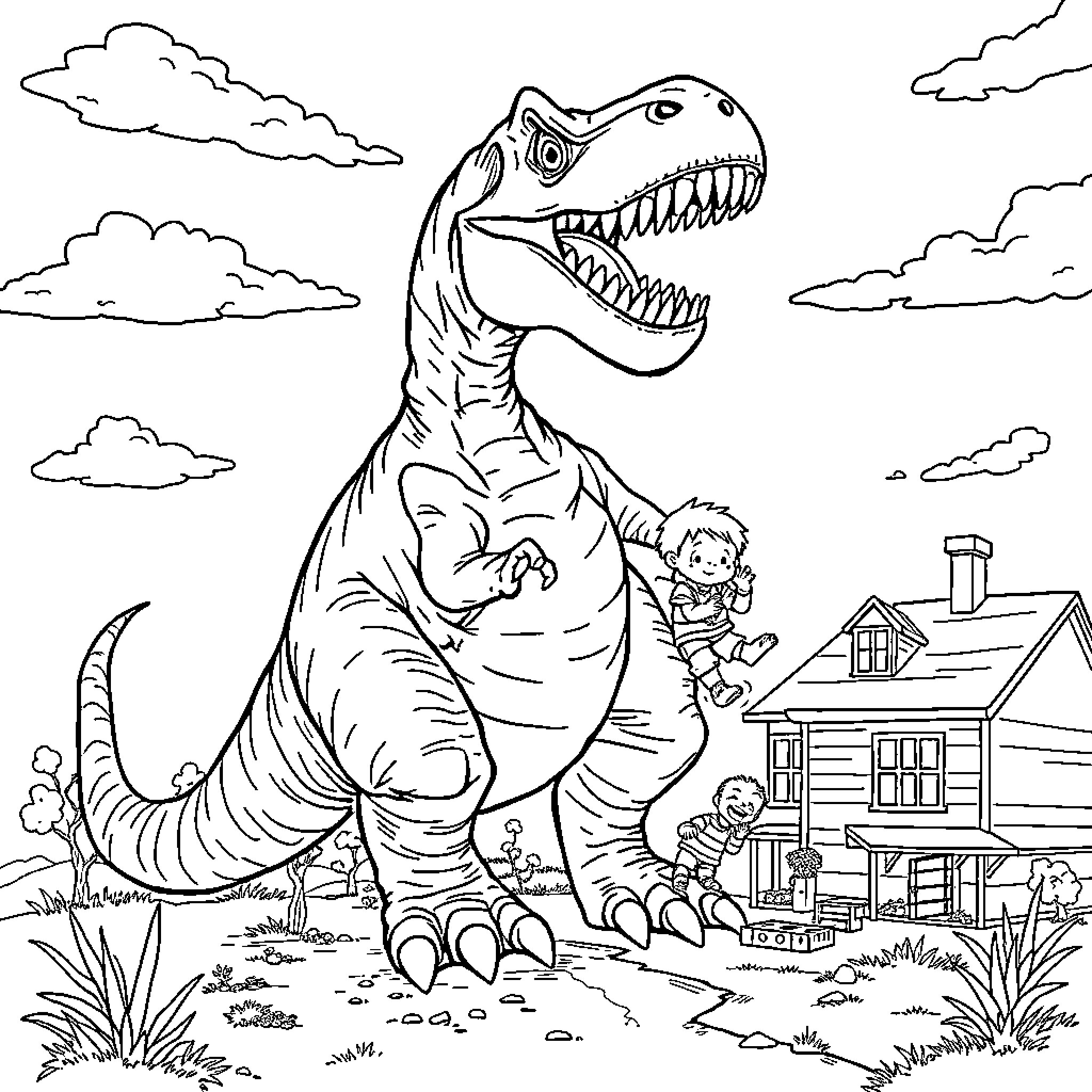 Dinosaurs attacking a house with children playing Coloring Page (free black-and-white line drawing printable PDF for all, from beginners to advanced learners, including children, teens, adults, and seniors)