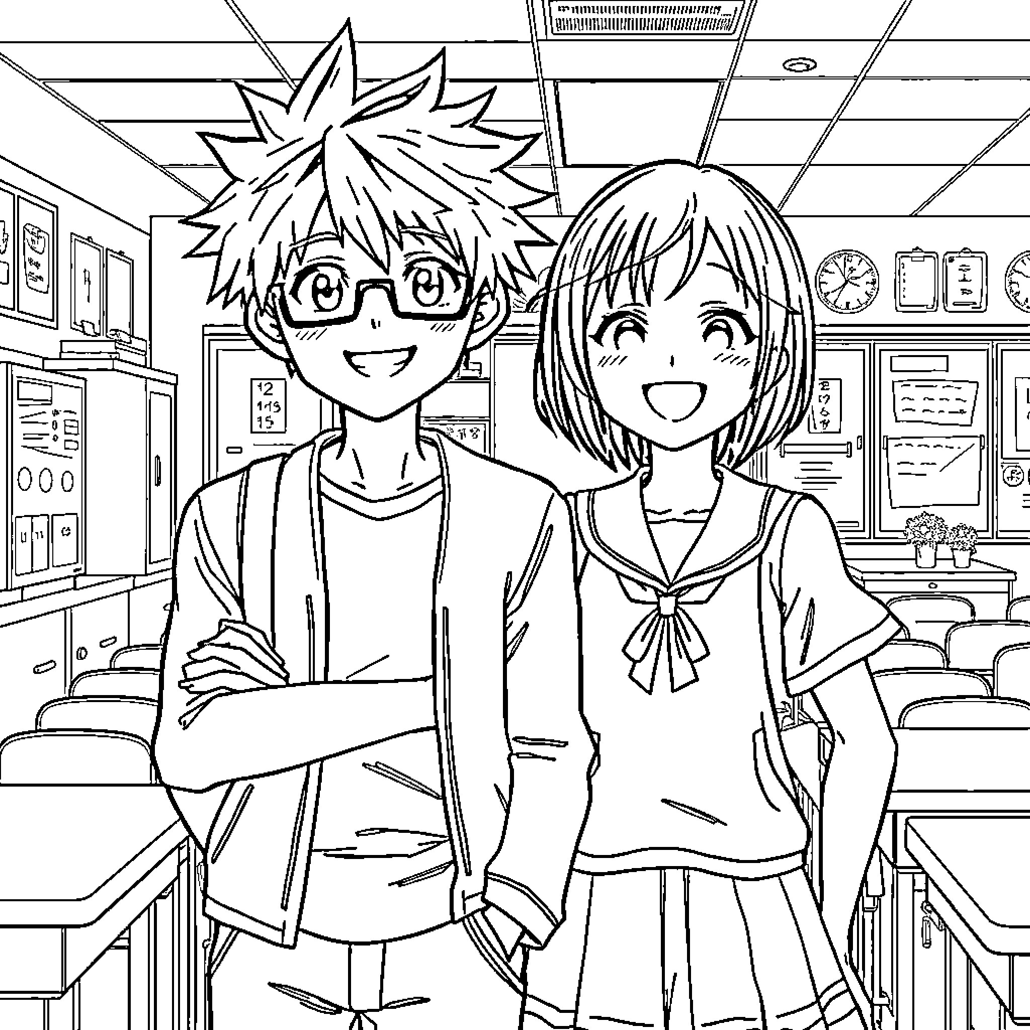 Izuku Midoriya and Classmate in School Setting Coloring Page (free black-and-white line drawing printable PDF for all, from beginners to advanced learners, including children, teens, adults, and seniors)