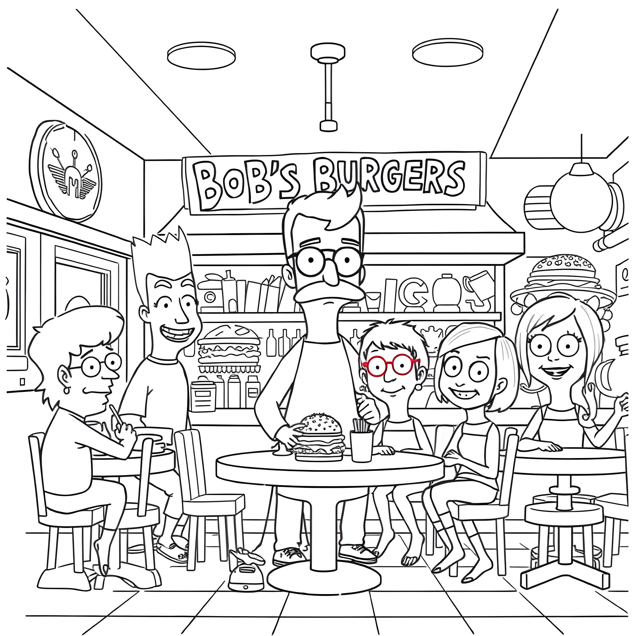 Bob's Family Enjoying Burgers at Diner Coloring Page (free black-and-white line drawing printable PDF for all, from beginners to advanced learners, including children, teens, adults, and seniors)