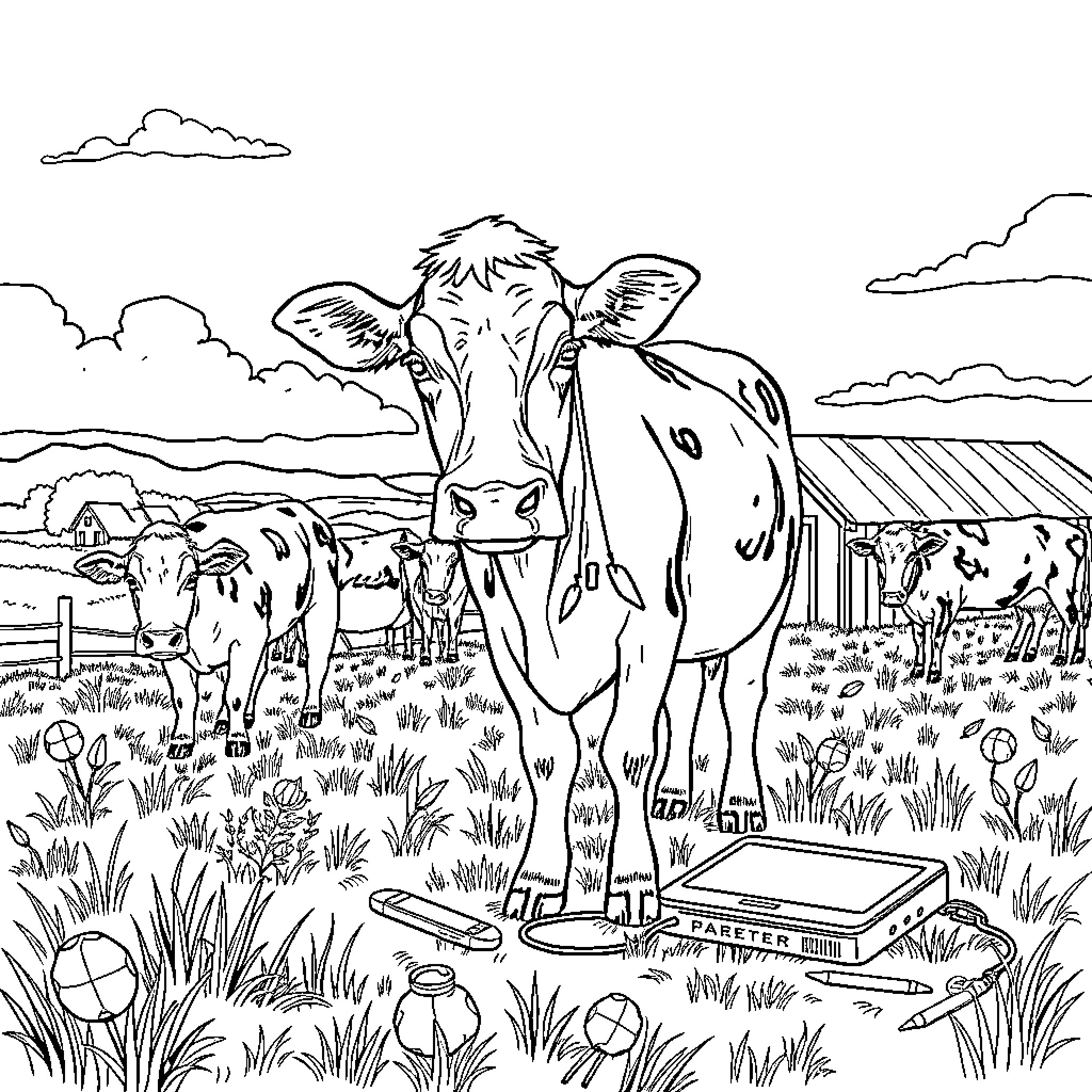 Bluetooth cows grazing in a pastoral farm scene Coloring Page (free black-and-white line drawing printable PDF for all, from beginners to advanced learners, including children, teens, adults, and seniors)