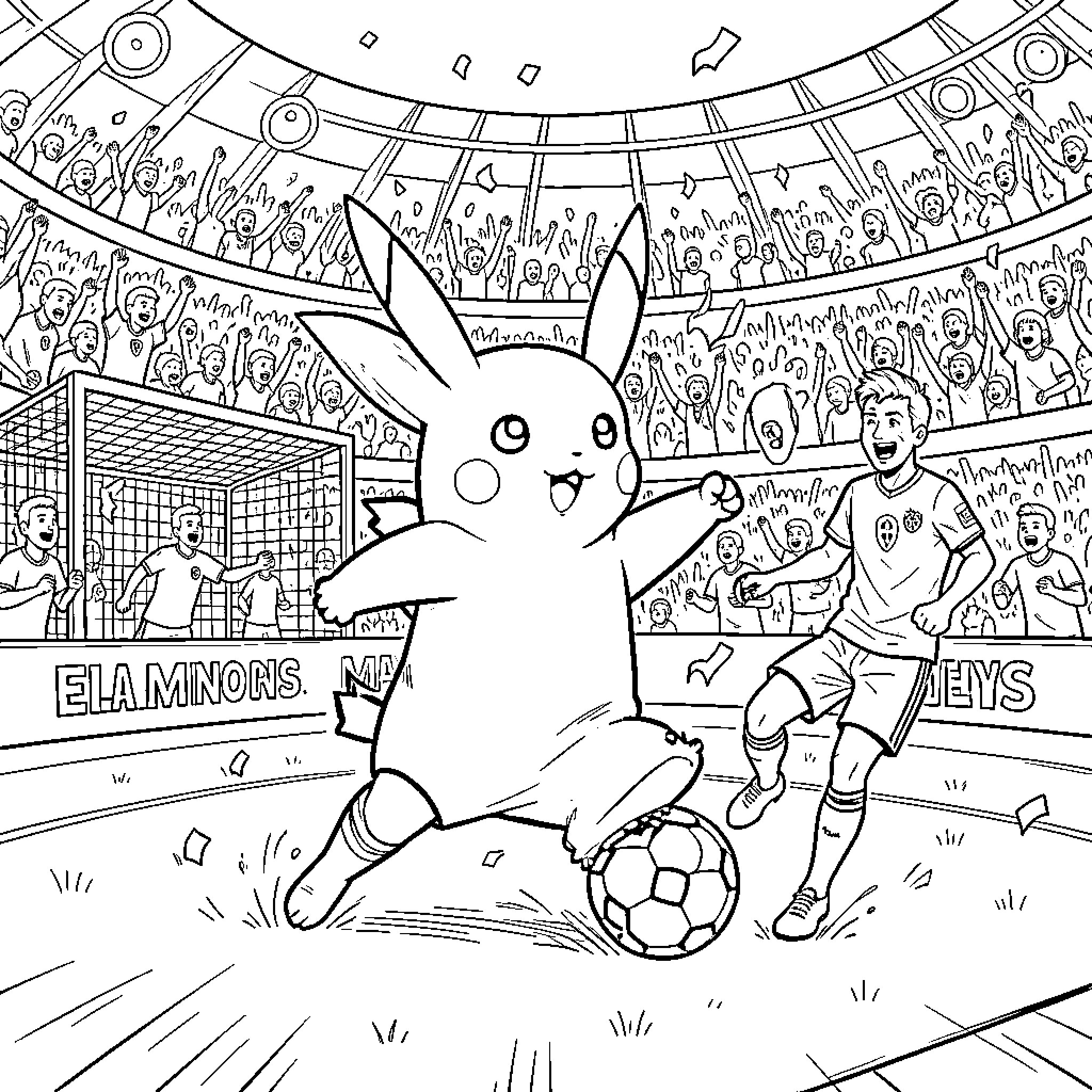 Pikachu playing soccer in a crowded stadium Coloring Page (free black-and-white line drawing printable PDF for all, from beginners to advanced learners, including children, teens, adults, and seniors)