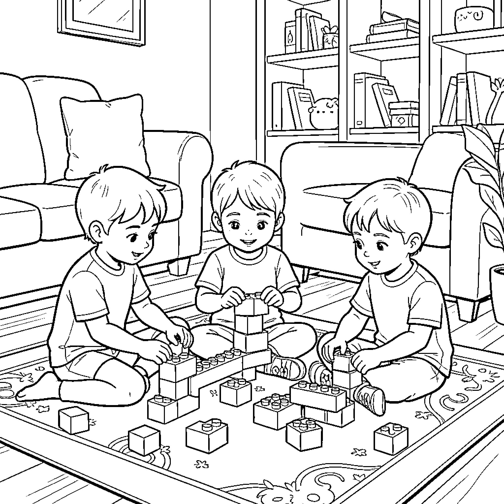 Enfant playing with building blocks on the floor Coloring Page (free black-and-white line drawing printable PDF for all, from beginners to advanced learners, including children, teens, adults, and seniors)