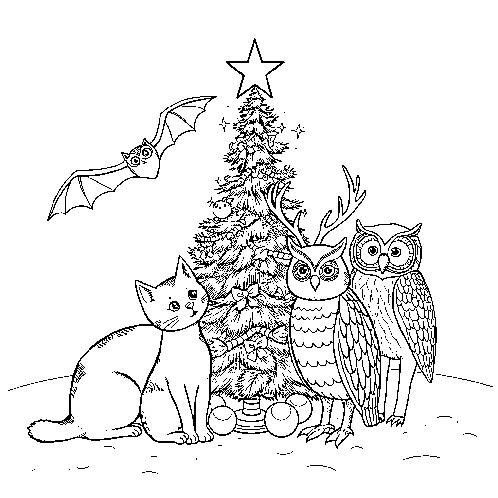 Animal Forest Friends Celebrating Christmas Coloring Page (free black-and-white line drawing printable PDF for all, from beginners to advanced learners, including children, teens, adults, and seniors)