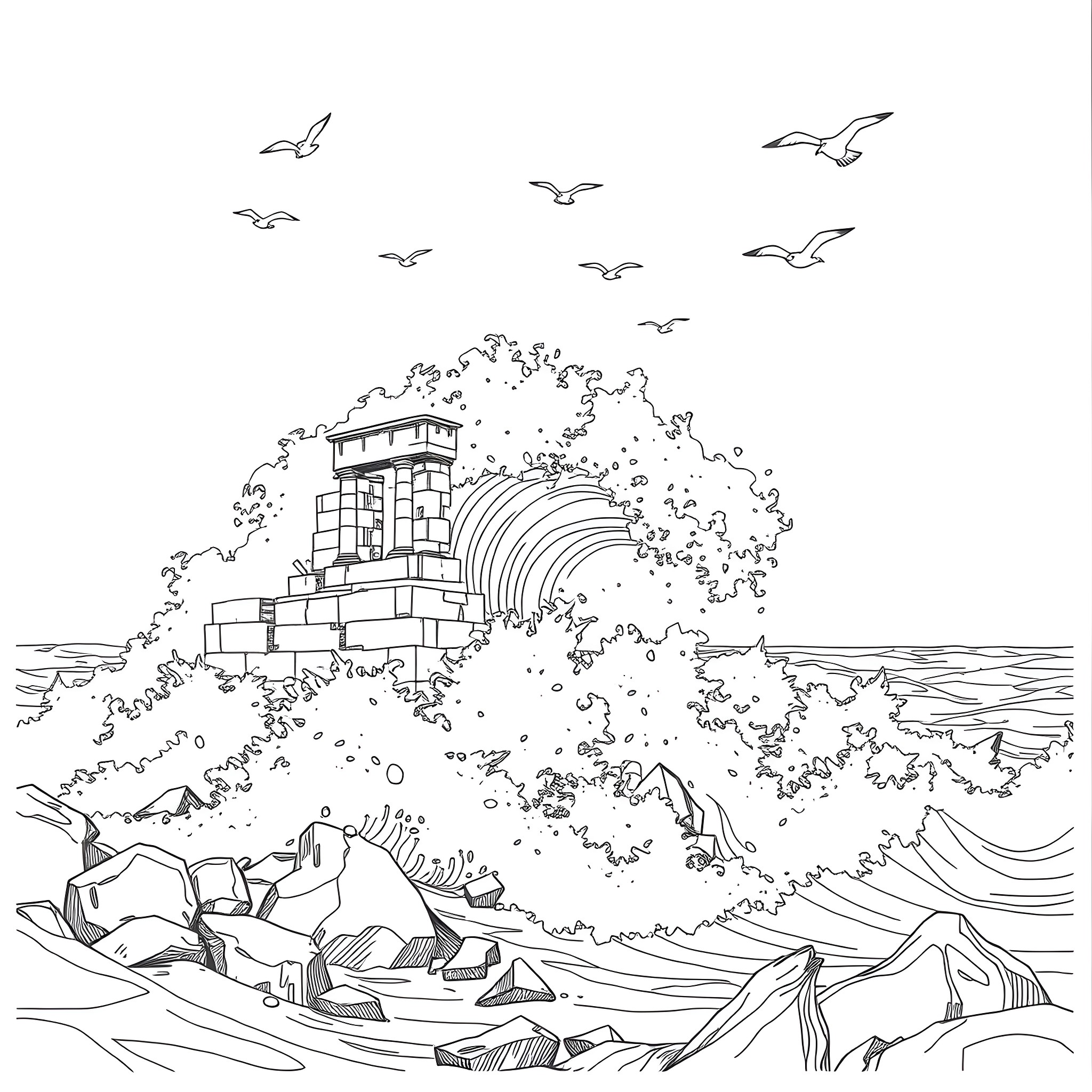 Wave of abstract structures amid a rocky landscape Coloring Page (free black-and-white line drawing printable PDF for all, from beginners to advanced learners, including children, teens, adults, and seniors)