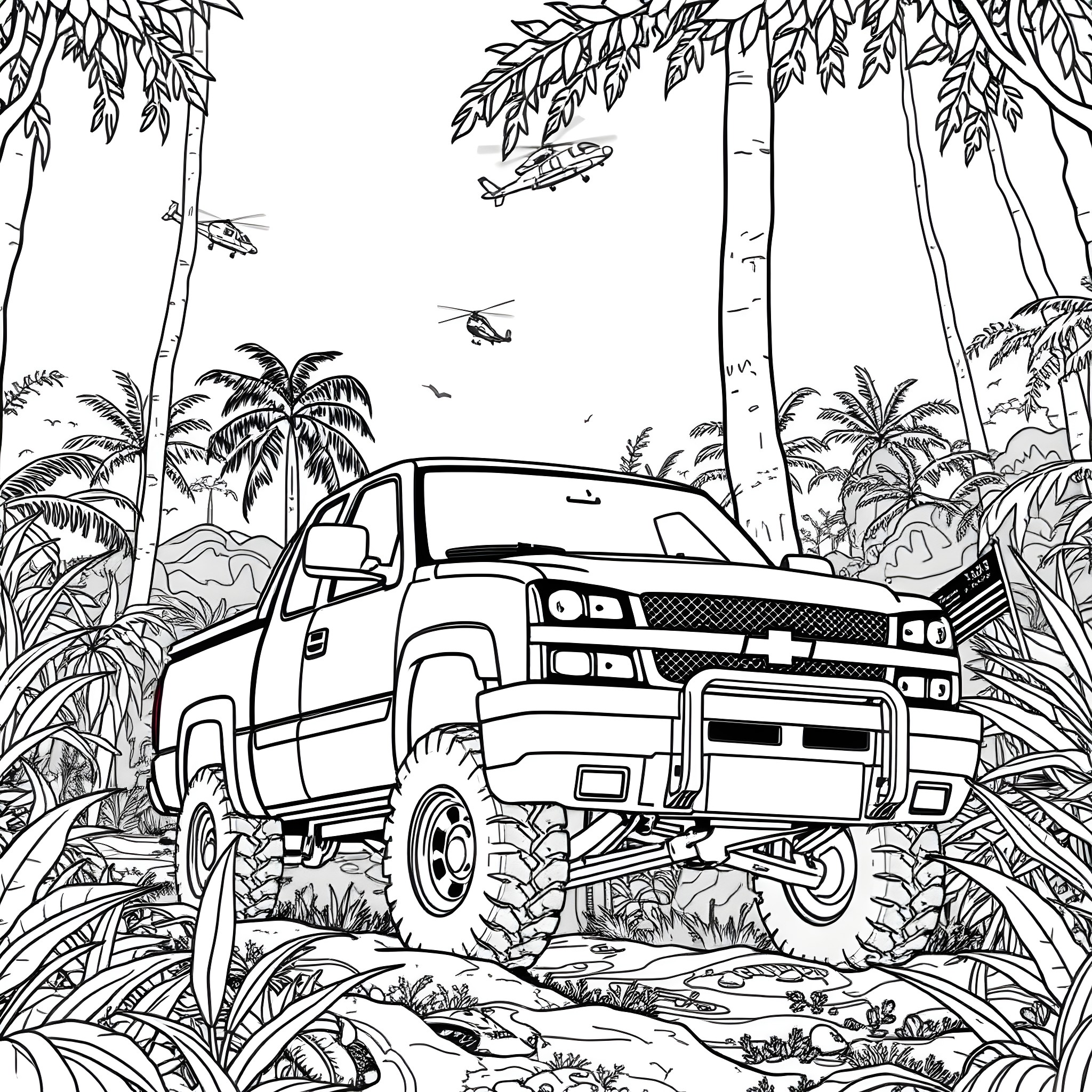 Silverado Truck Trekking Through Lush Tropical Jungle Coloring Page (free black-and-white line drawing printable PDF for all, from beginners to advanced learners, including children, teens, adults, and seniors)