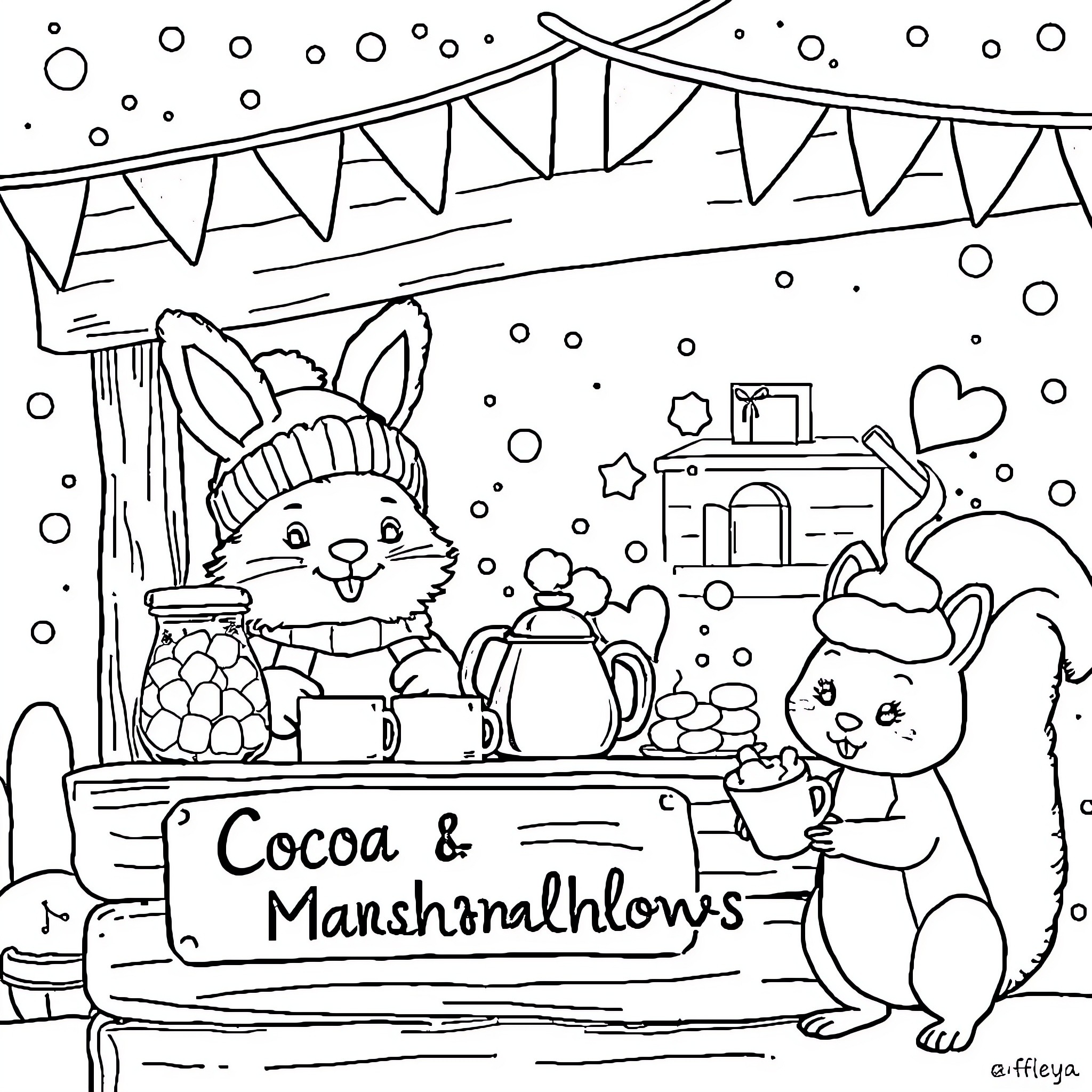 Bunny serving cocoa and marshmallows at a winter carnival Coloring Page (free black-and-white line drawing printable PDF for all, from beginners to advanced learners, including children, teens, adults, and seniors)