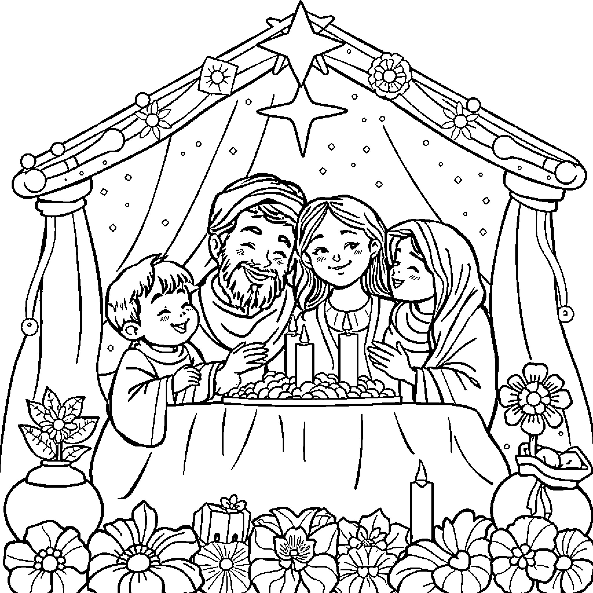 Niño and Family Celebrating in Nativity Scene Coloring Page (free black-and-white line drawing printable PDF for all, from beginners to advanced learners, including children, teens, adults, and seniors)