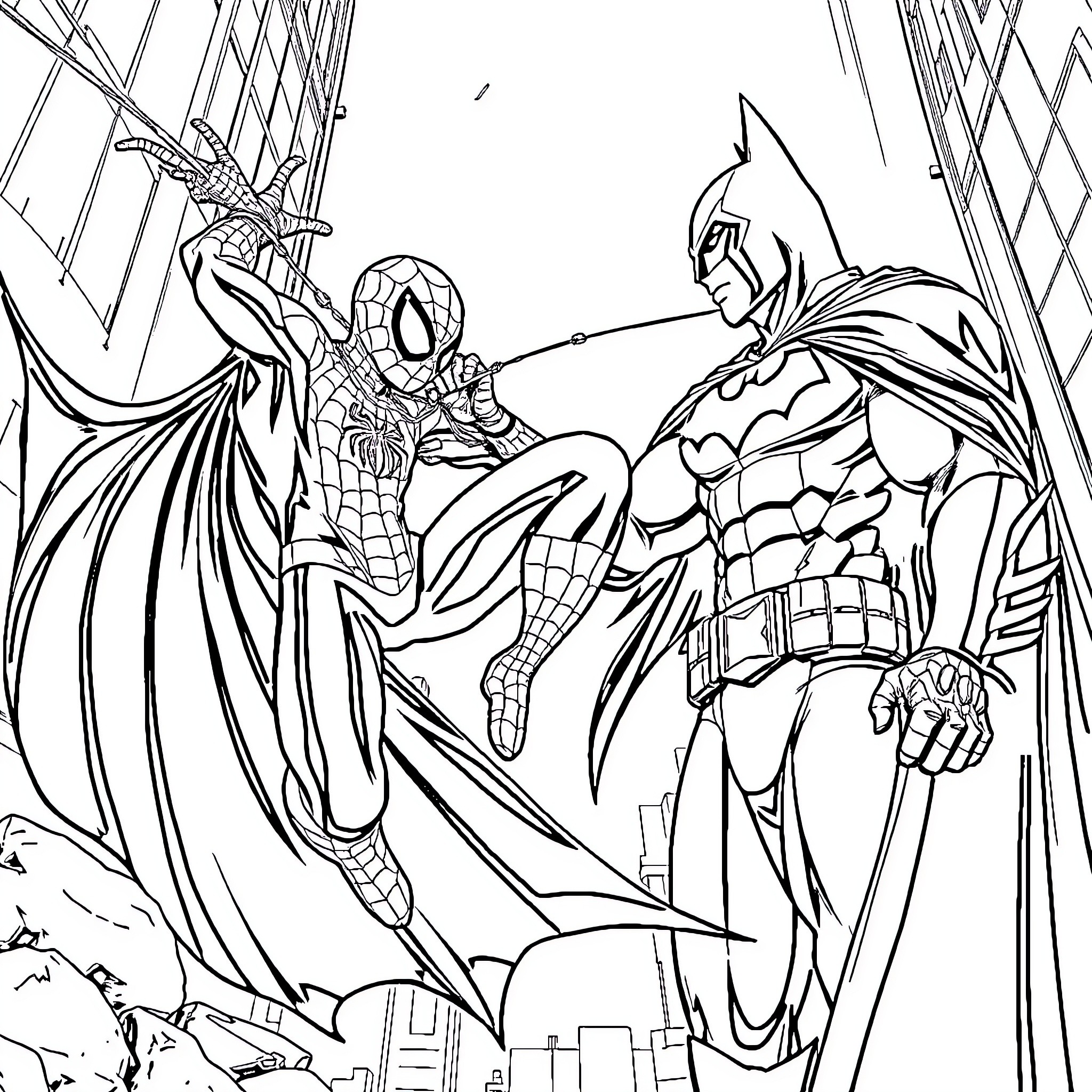 Spider-Man and Batman heroically fighting together in the city Coloring Page (free black-and-white line drawing printable PDF for all, from beginners to advanced learners, including children, teens, adults, and seniors)