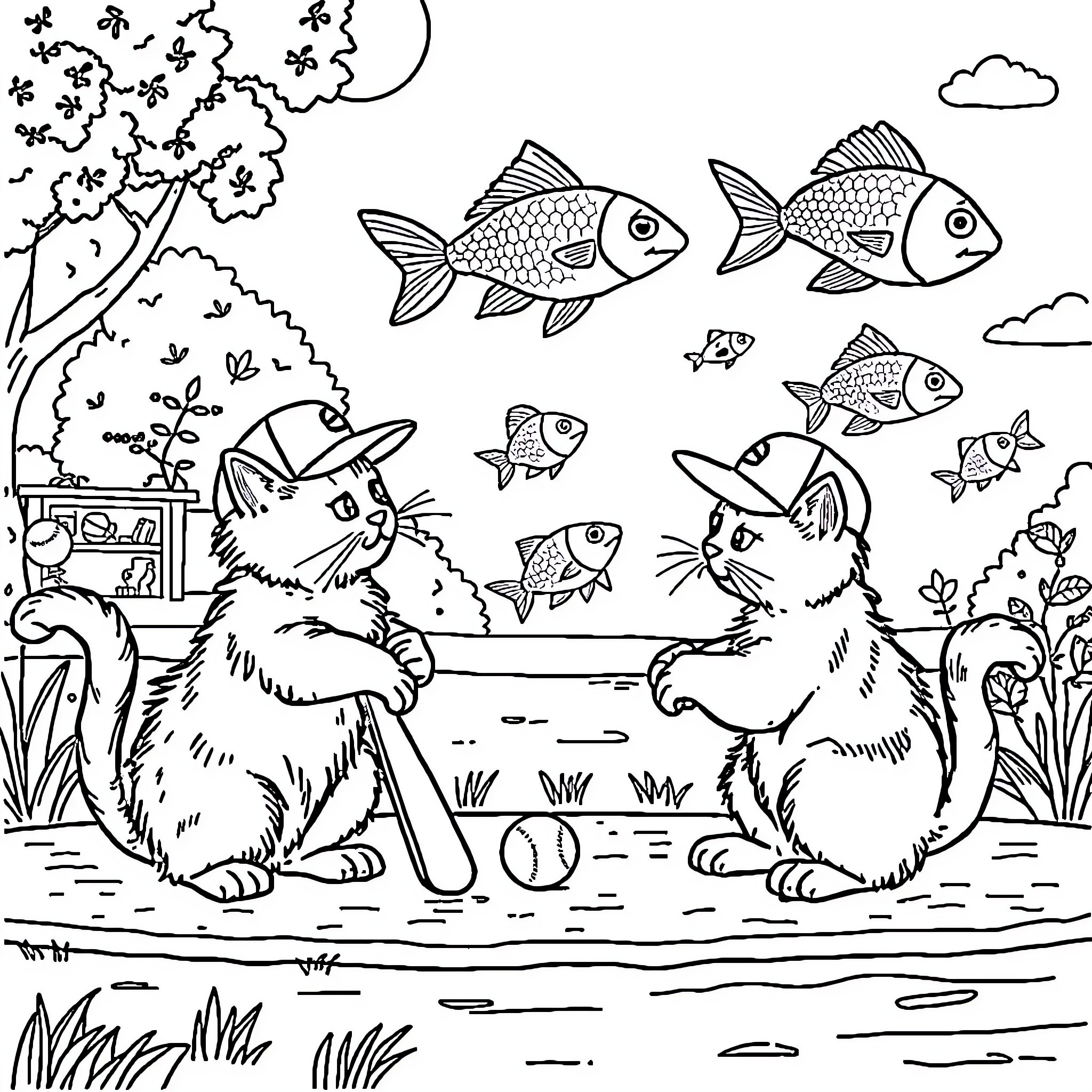 Cats enjoying nature with fish in the lake Coloring Page (free black-and-white line drawing printable PDF for all, from beginners to advanced learners, including children, teens, adults, and seniors)